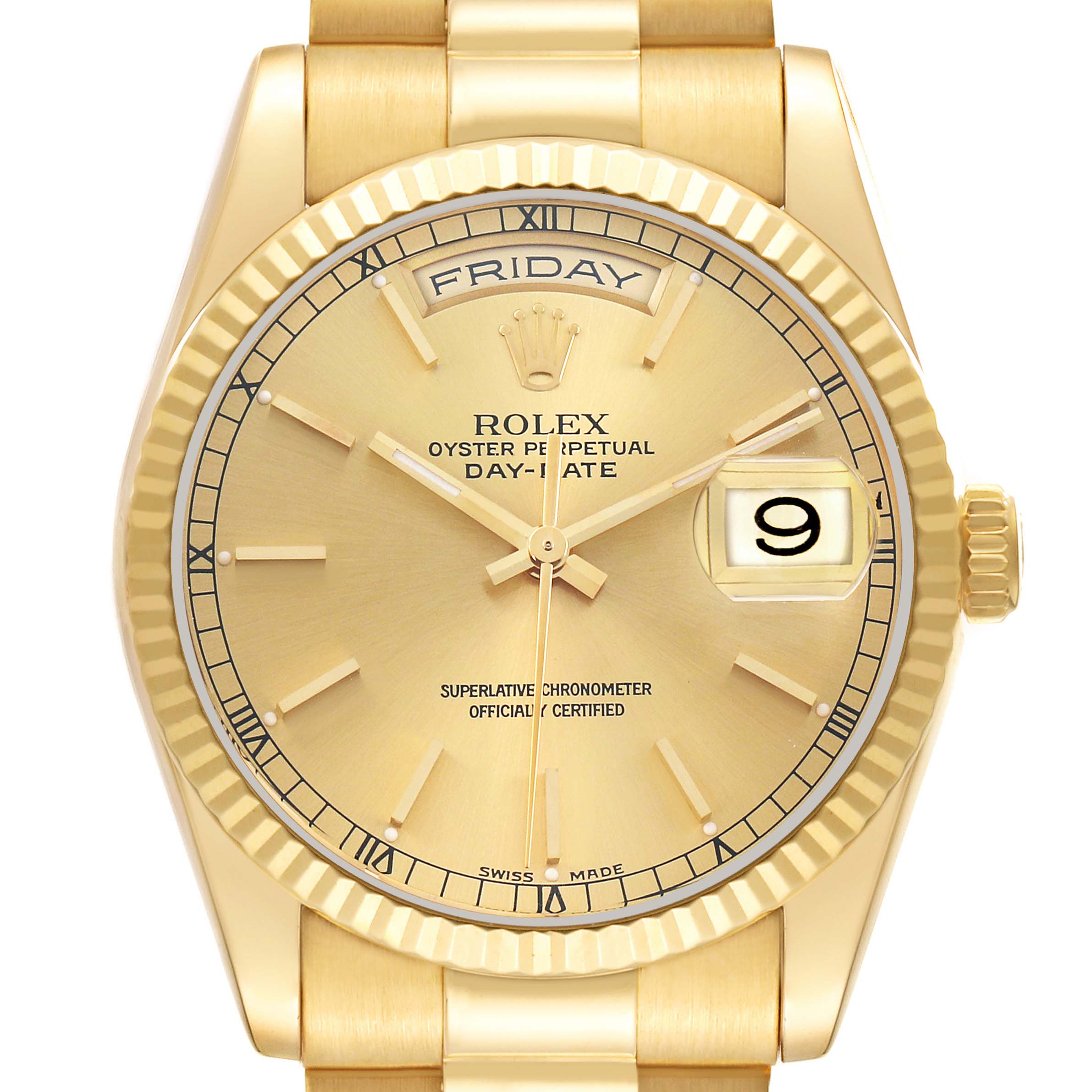 The Rolex President 118238 Men's Yellow Gold Champagne Dial model watch is shown from the front, displaying the dial, hands, day, date, bezel, and part of the bracelet.