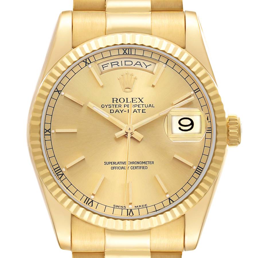The Rolex President 118238 Men's Yellow Gold Champagne Dial model watch is shown from the front, displaying the dial, hands, day, date, bezel, and part of the bracelet.
