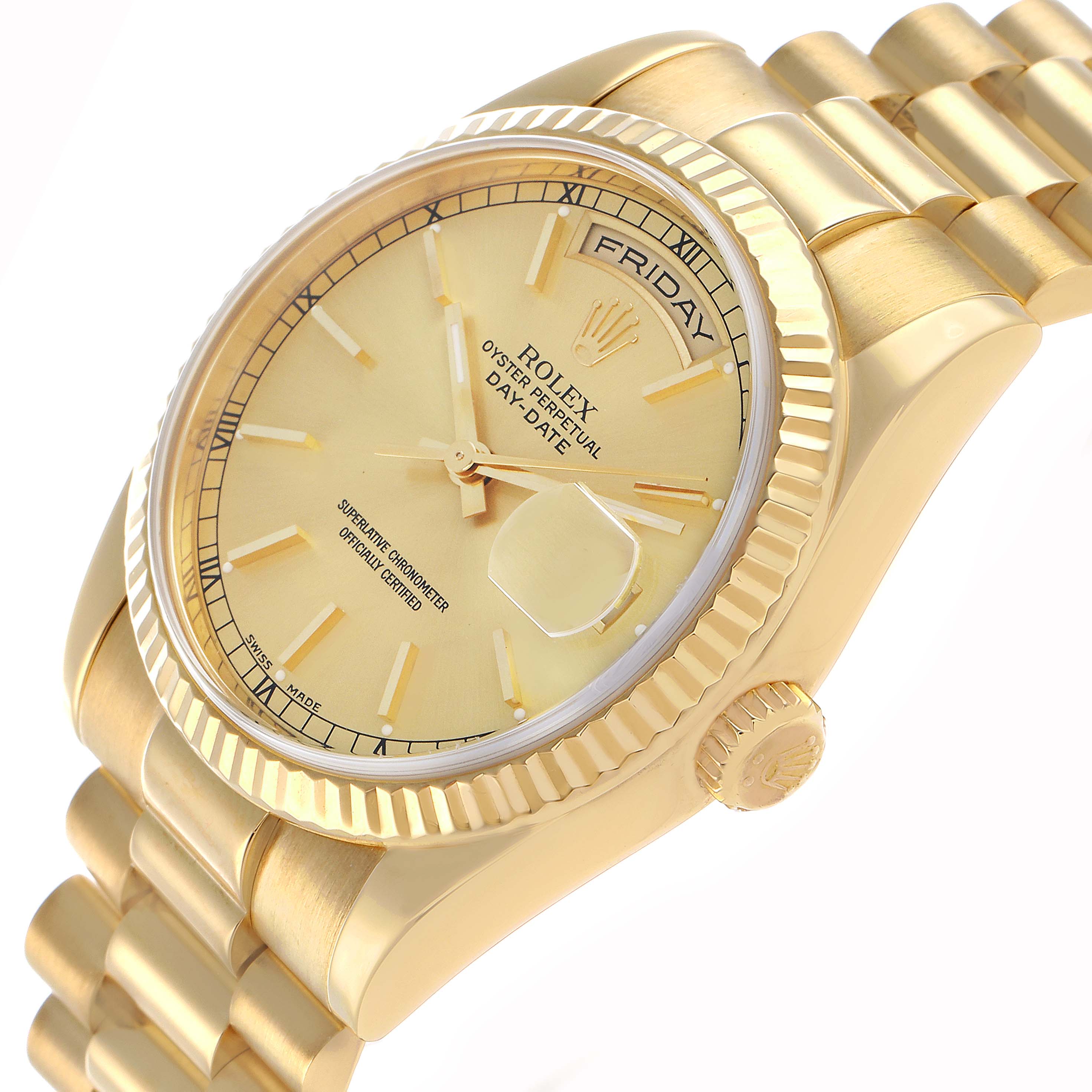 The Rolex President 118238 Men's Yellow Gold Champagne Dial watch is shown at an angle highlighting the dial, bezel, crown, and part of the bracelet.