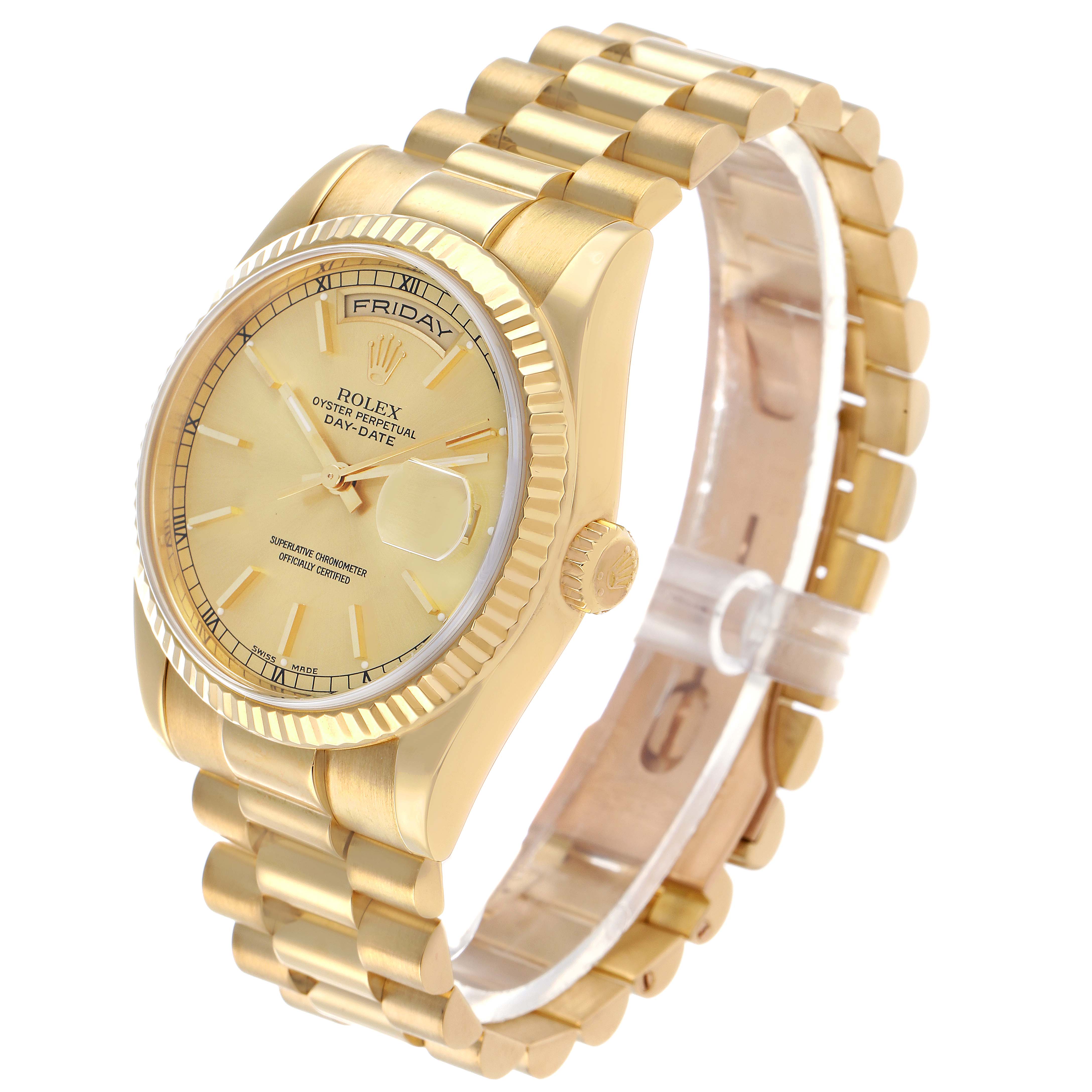 The Rolex President 118238 Men's Yellow Gold Champagne Dial model is shown at a three-quarter angle, displaying the dial, bezel, crown, and bracelet prominently.