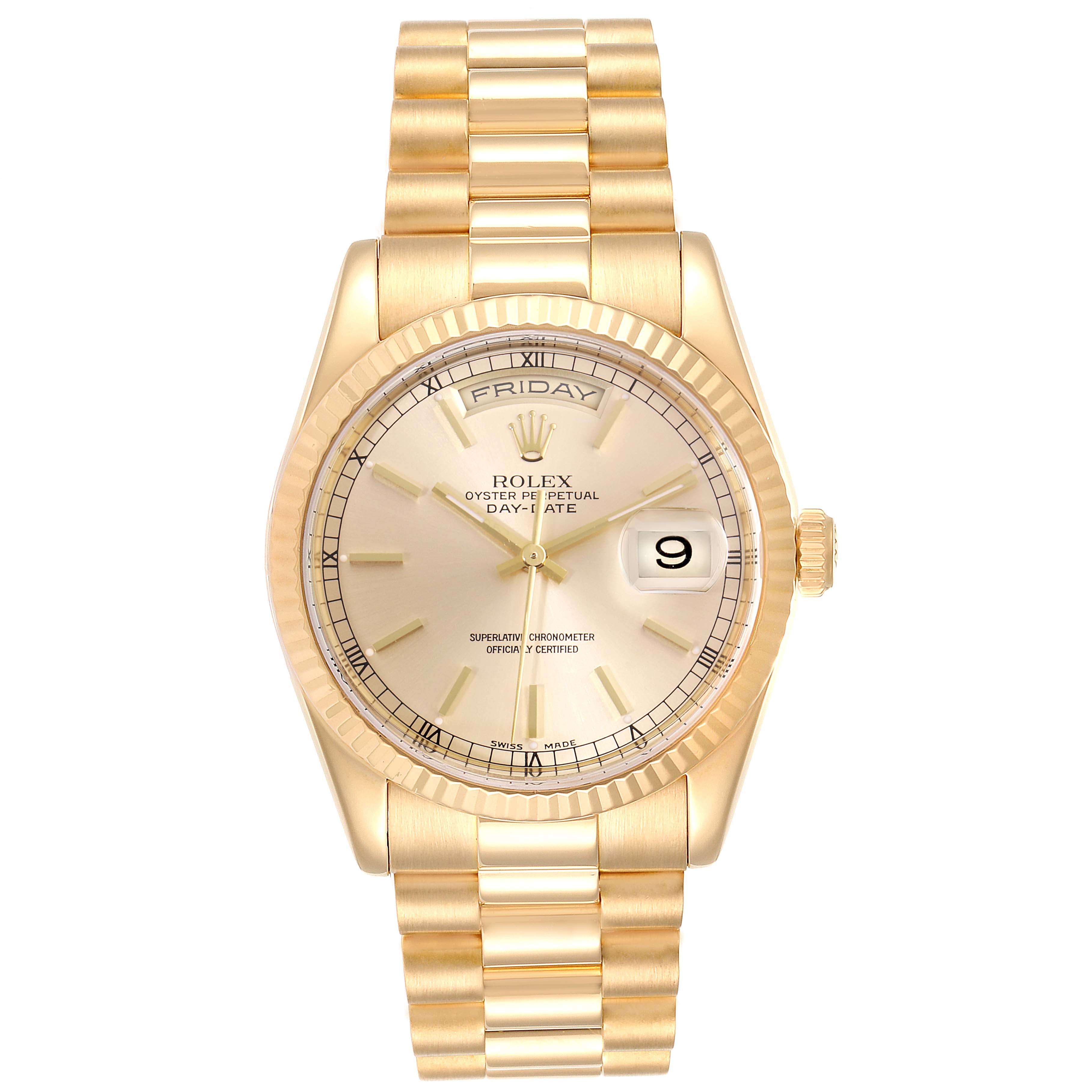 This image shows a Rolex President 118238 Men's Yellow Gold Champagne Dial 118238 Men's Yellow Gold Champagne Dial model watch from a front angle, highlighting the face, band, and day-date display.