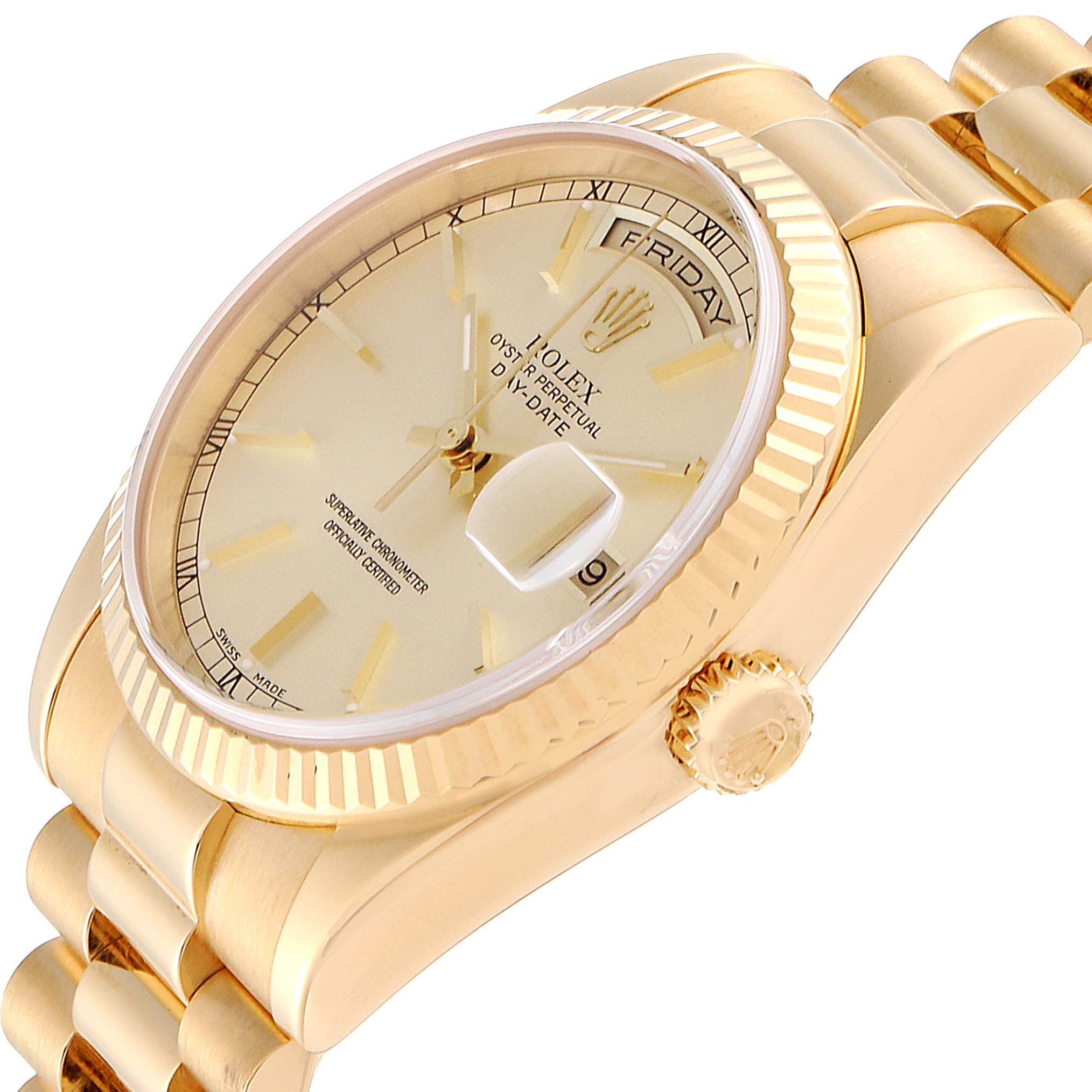 The image shows a close-up angle of the dial, case, crown, and bracelet of a Rolex President 118238 Men's Yellow Gold Champagne Dial 118238 Men's Yellow Gold Champagne Dial model watch.