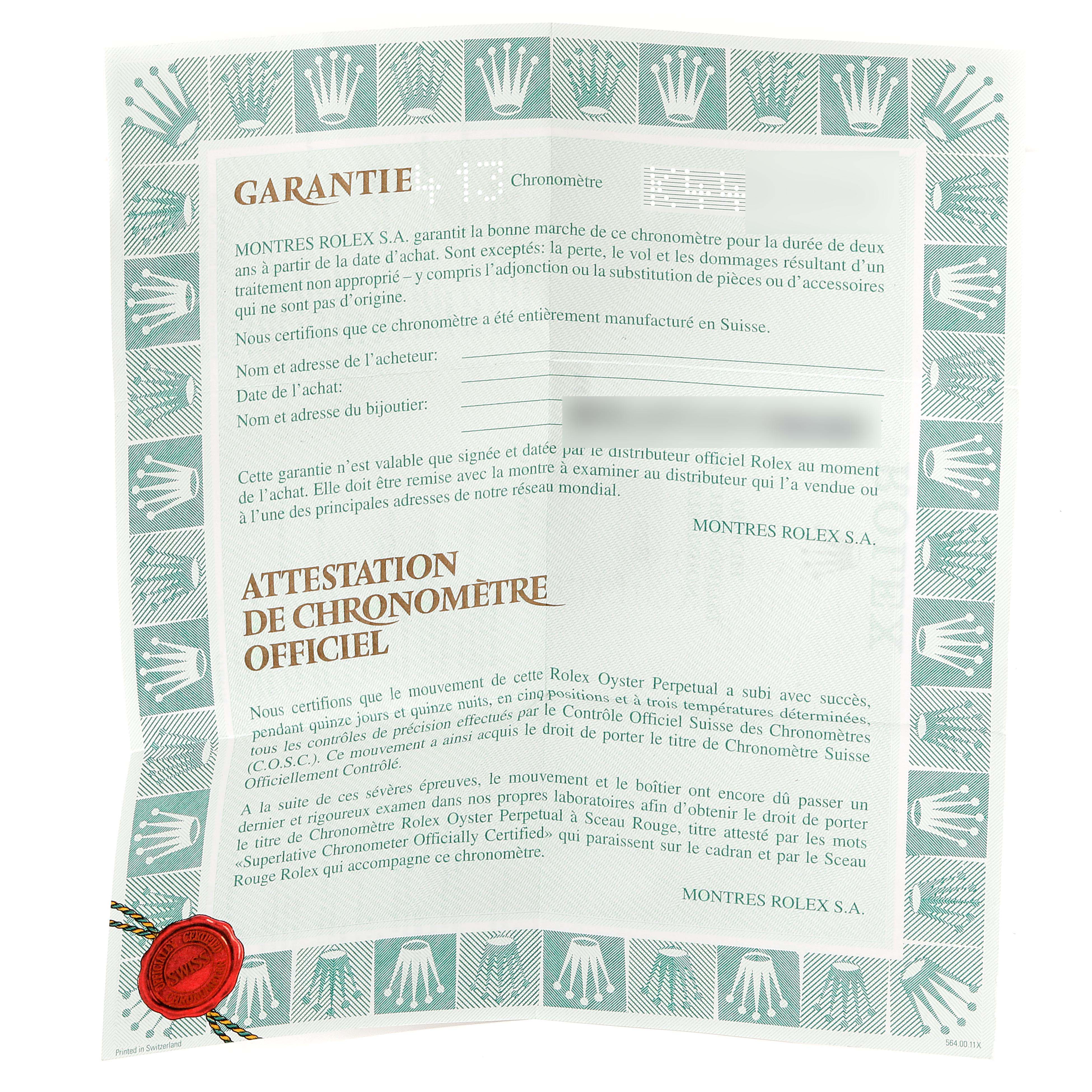 The image shows the warranty and official chronometer certification papers for the Rolex President 118238 Men's Yellow Gold Champagne Dial 118238 Men's Yellow Gold Champagne Dial model.