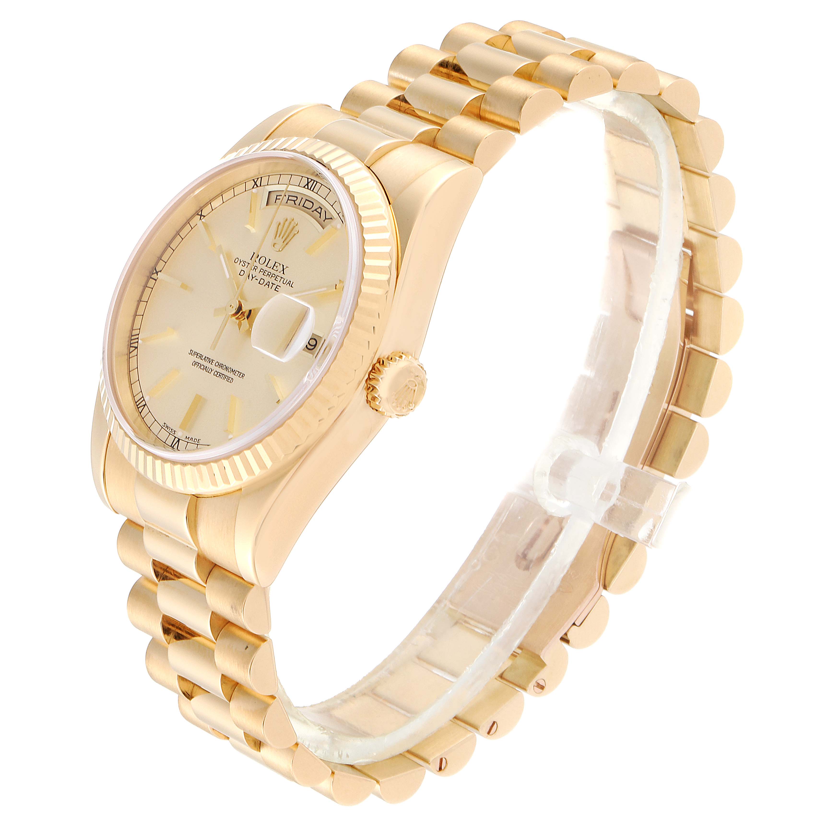 This image shows a side angle view of the Rolex President 118238 Men's Yellow Gold Champagne Dial 118238 Men's Yellow Gold Champagne Dial model watch, highlighting the gold case, bezel, crown, and bracelet.