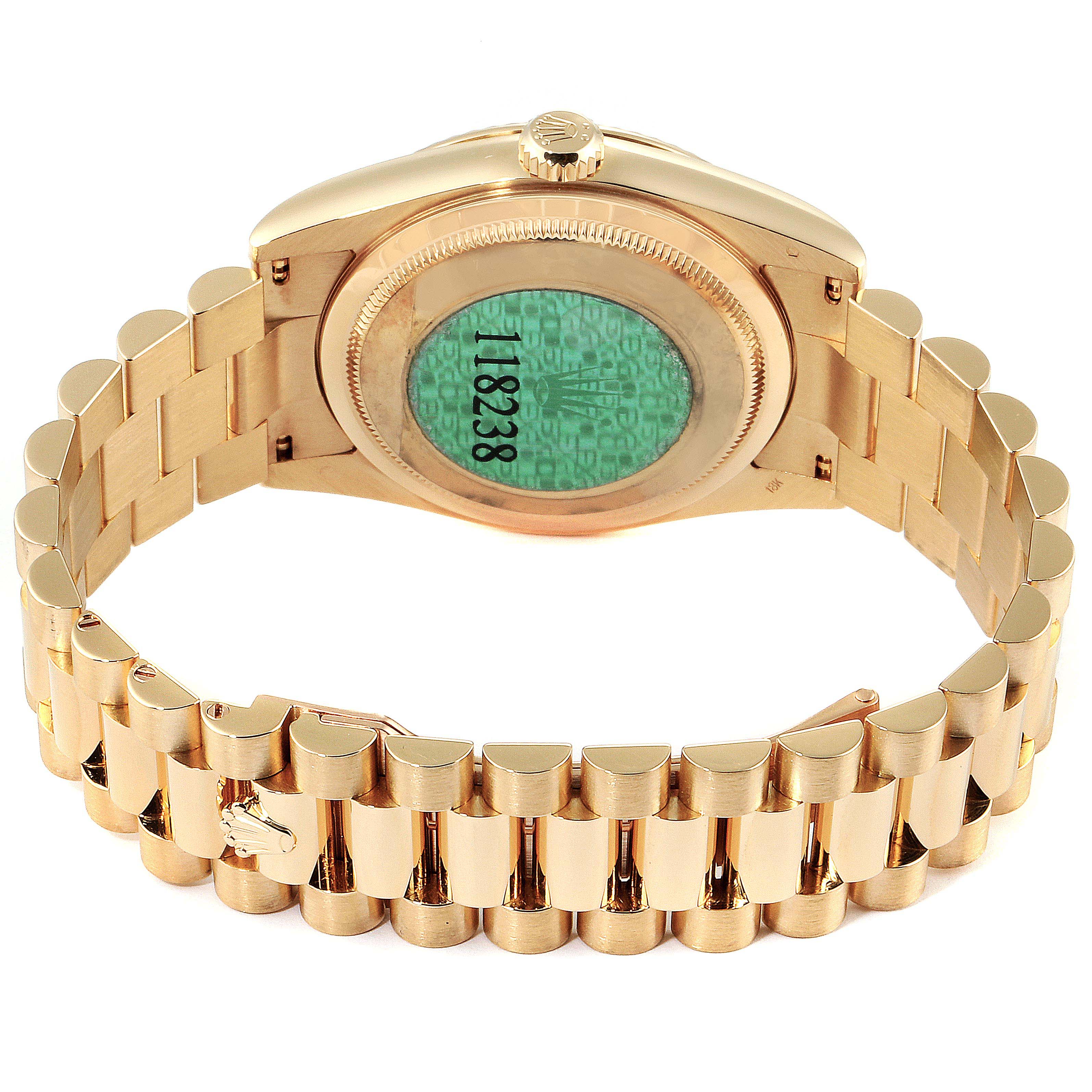 The image shows the back view of a Rolex President 118238 Men's Yellow Gold Champagne Dial 118238 Men's Yellow Gold Champagne Dial model, highlighting its case back and gold bracelet.