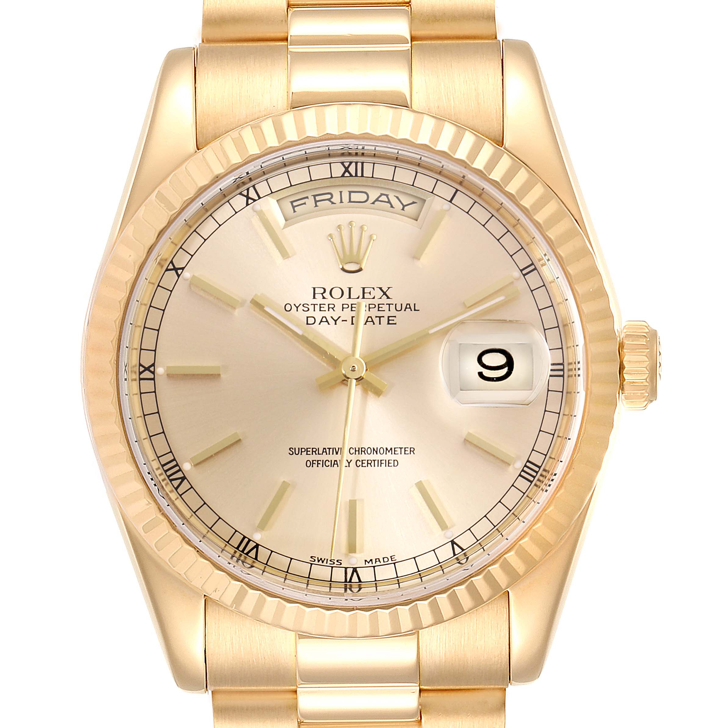This image shows a front view of the Rolex President 118238 Men's Yellow Gold Champagne Dial 118238 Men's Yellow Gold Champagne Dial model, highlighting its dial, day-date display, and bezel.