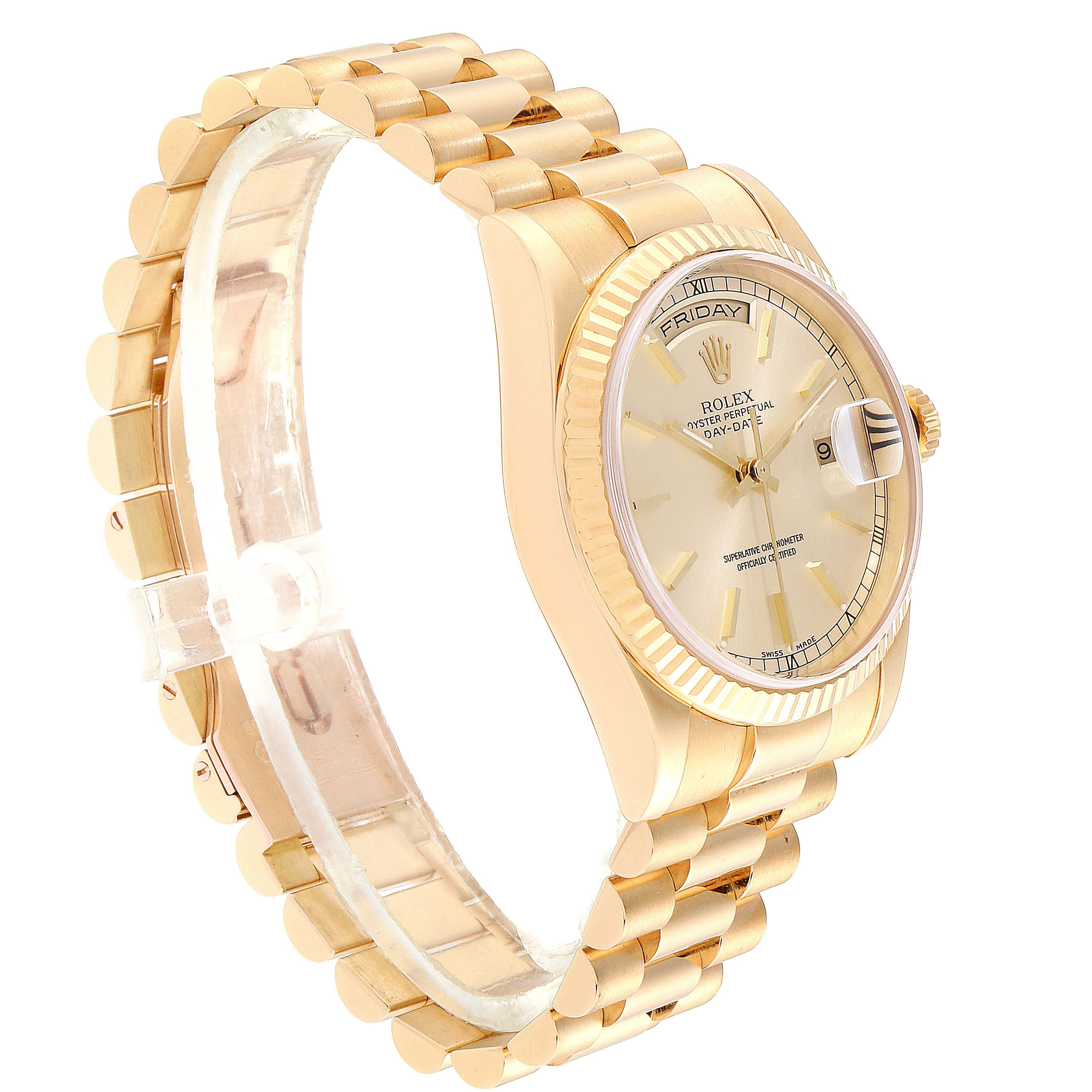 The image shows a side view of a Rolex President 118238 Men's Yellow Gold Champagne Dial 118238 Men's Yellow Gold Champagne Dial model watch, highlighting its gold bracelet, bezel, and dial.