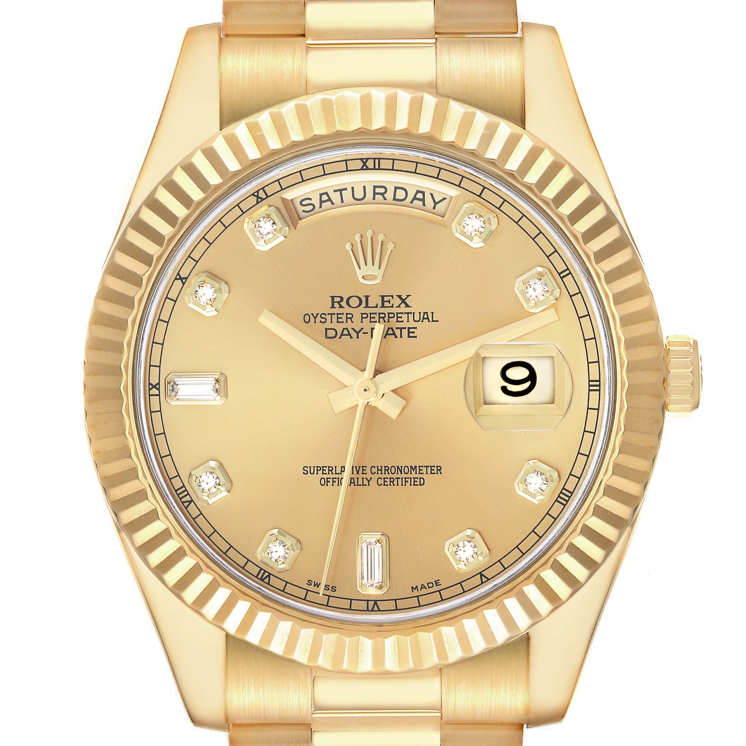 The Rolex President 218238 Men's Yellow Gold Champagne Dial model is shown from a front angle, highlighting the dial, bezel, crown, and part of the bracelet.