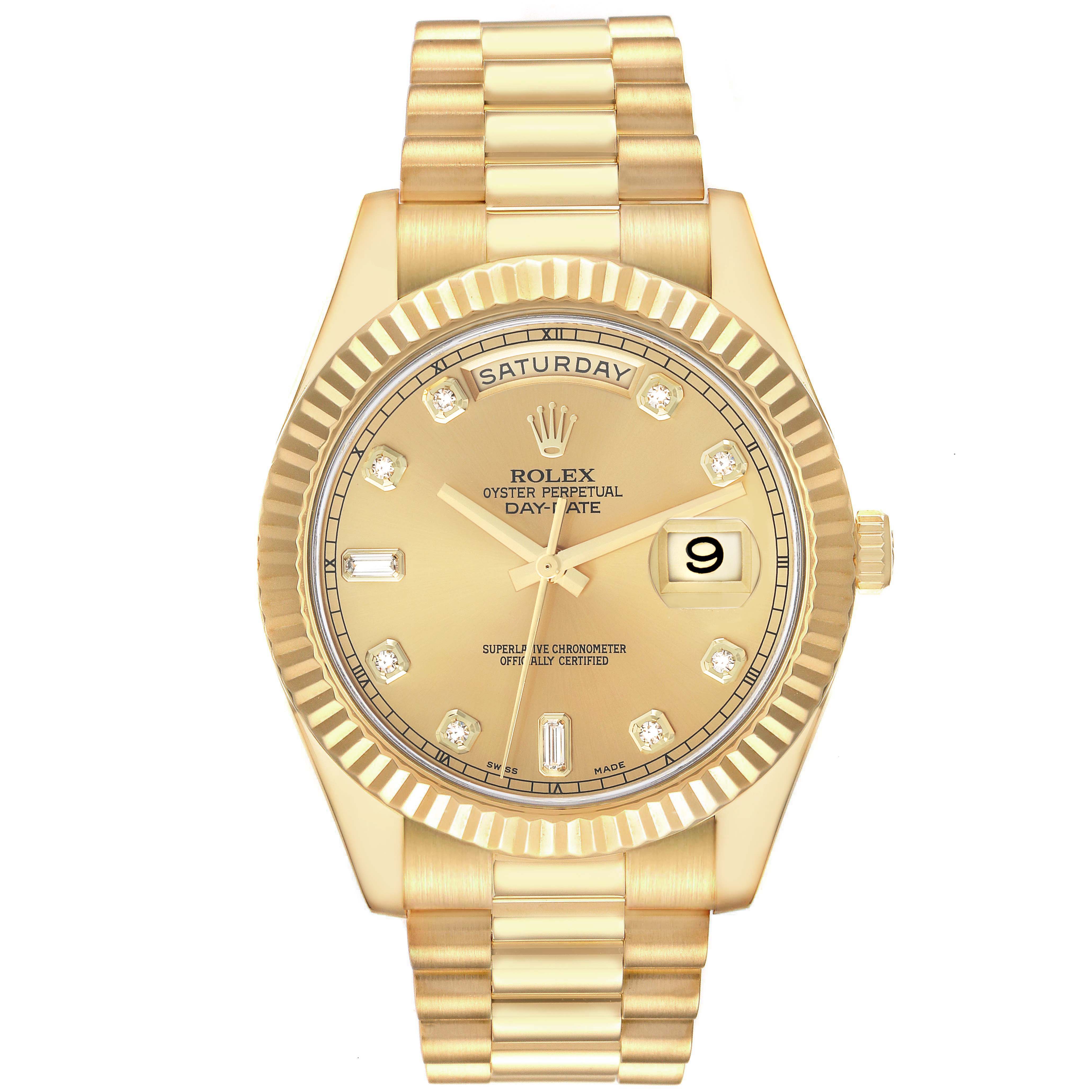 The Rolex President 218238 Men's Yellow Gold Champagne Dial model is shown from the front, displaying the dial, bezel, bracelet, and day-date window clearly.