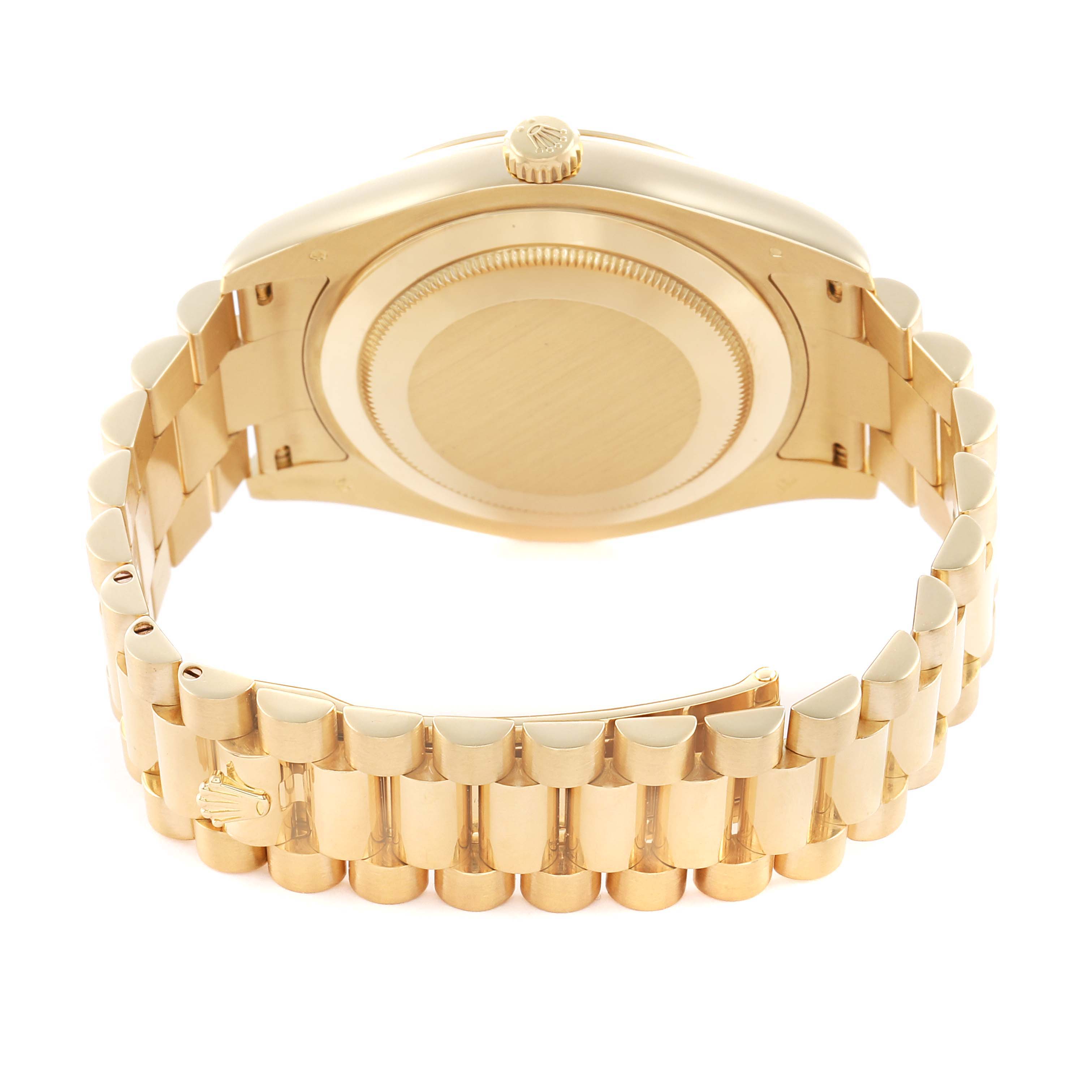 The image shows a Rolex President 218238 Men's Yellow Gold Champagne Dial model watch from the back, highlighting the bracelet, clasp, and case back.