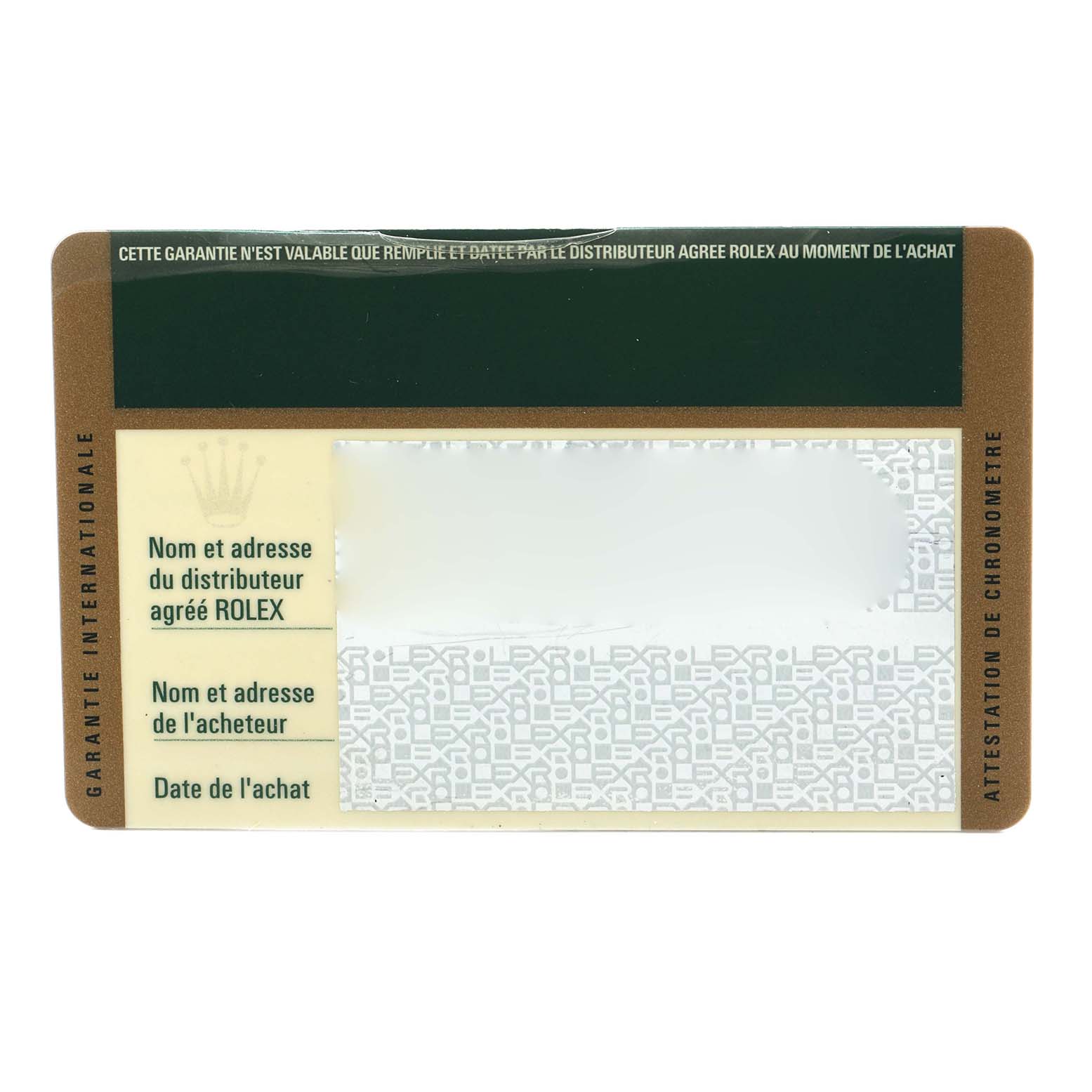 This image shows a warranty card for a Rolex President 218238 Men's Yellow Gold Champagne Dial model watch.