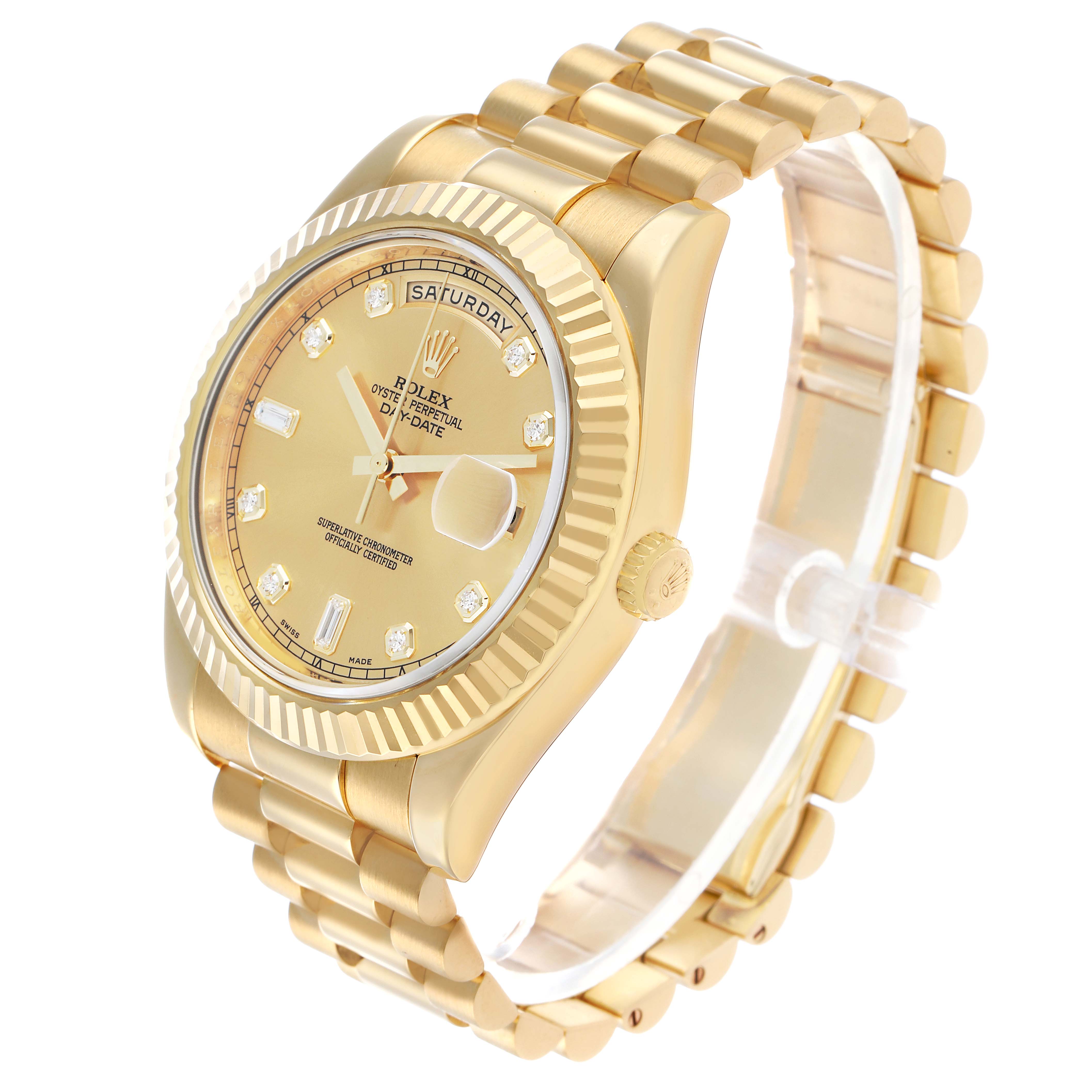 The Rolex President 218238 Men's Yellow Gold Champagne Dial model watch is shown at a three-quarter angle, highlighting the dial, bezel, and bracelet.