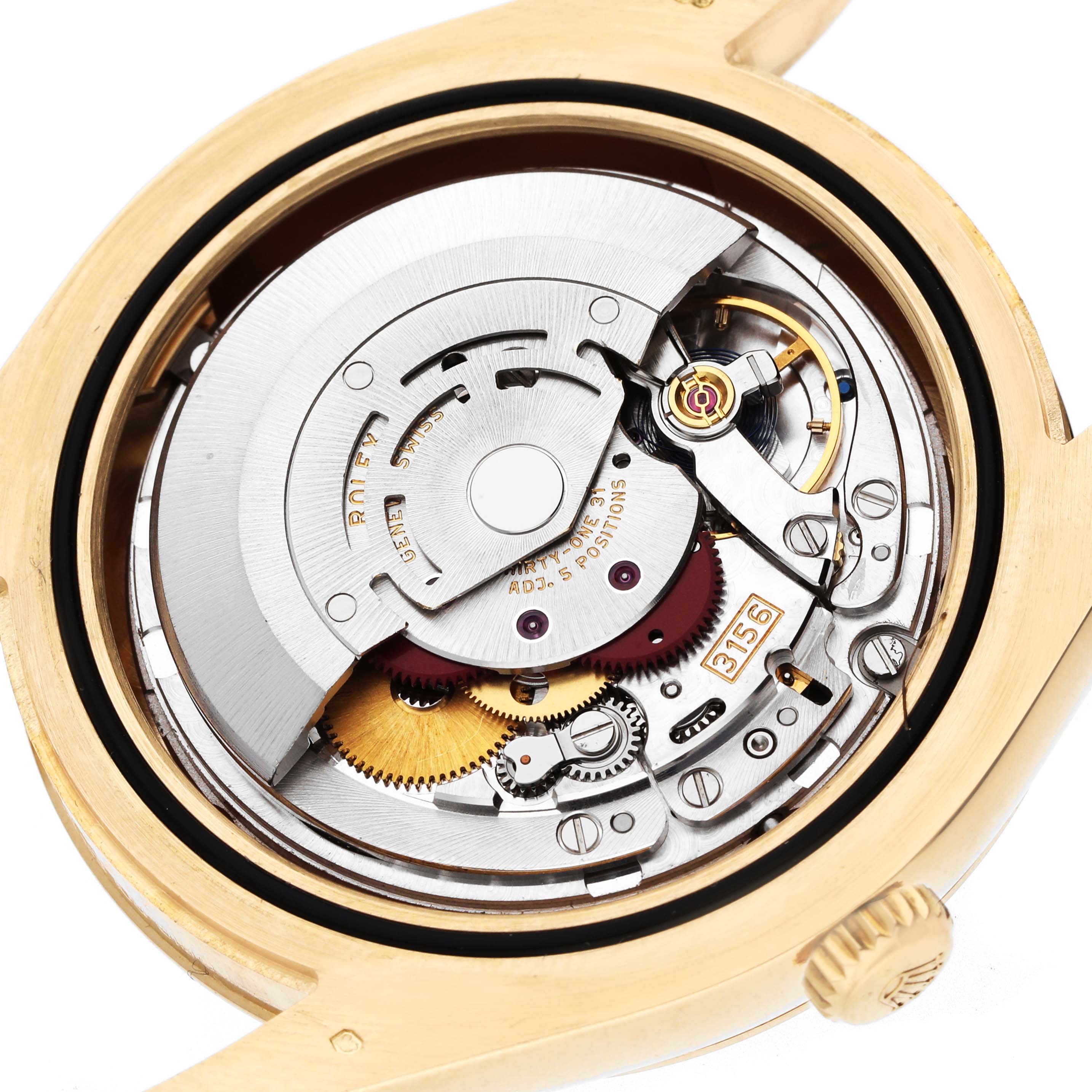 The image shows the movement and inner mechanism of the Rolex President 218238 Men's Yellow Gold Champagne Dial watch viewed from the back.