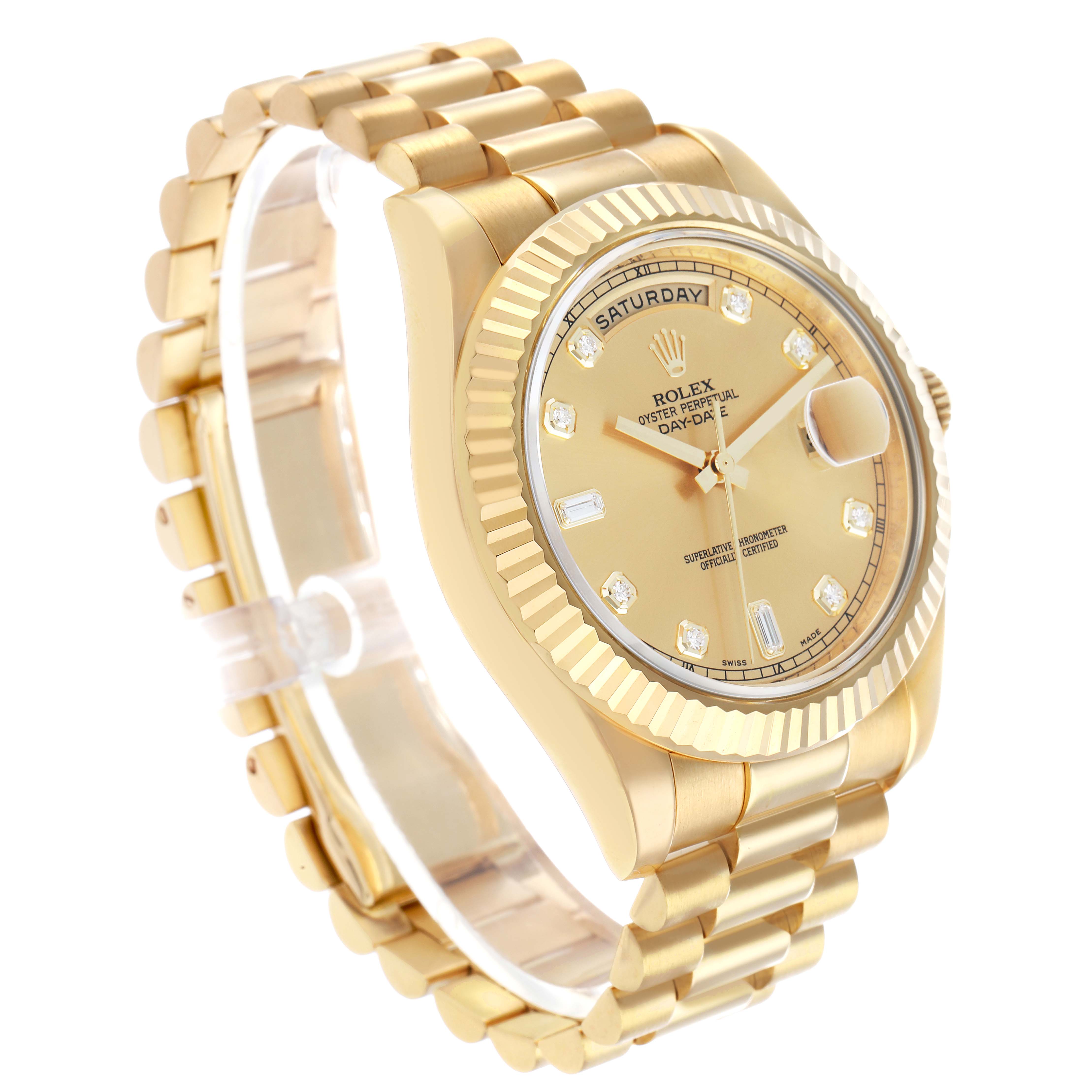The Rolex President 218238 Men's Yellow Gold Champagne Dial model is shown at a three-quarter angle, highlighting the bracelet, bezel, and dial with day and date functions.