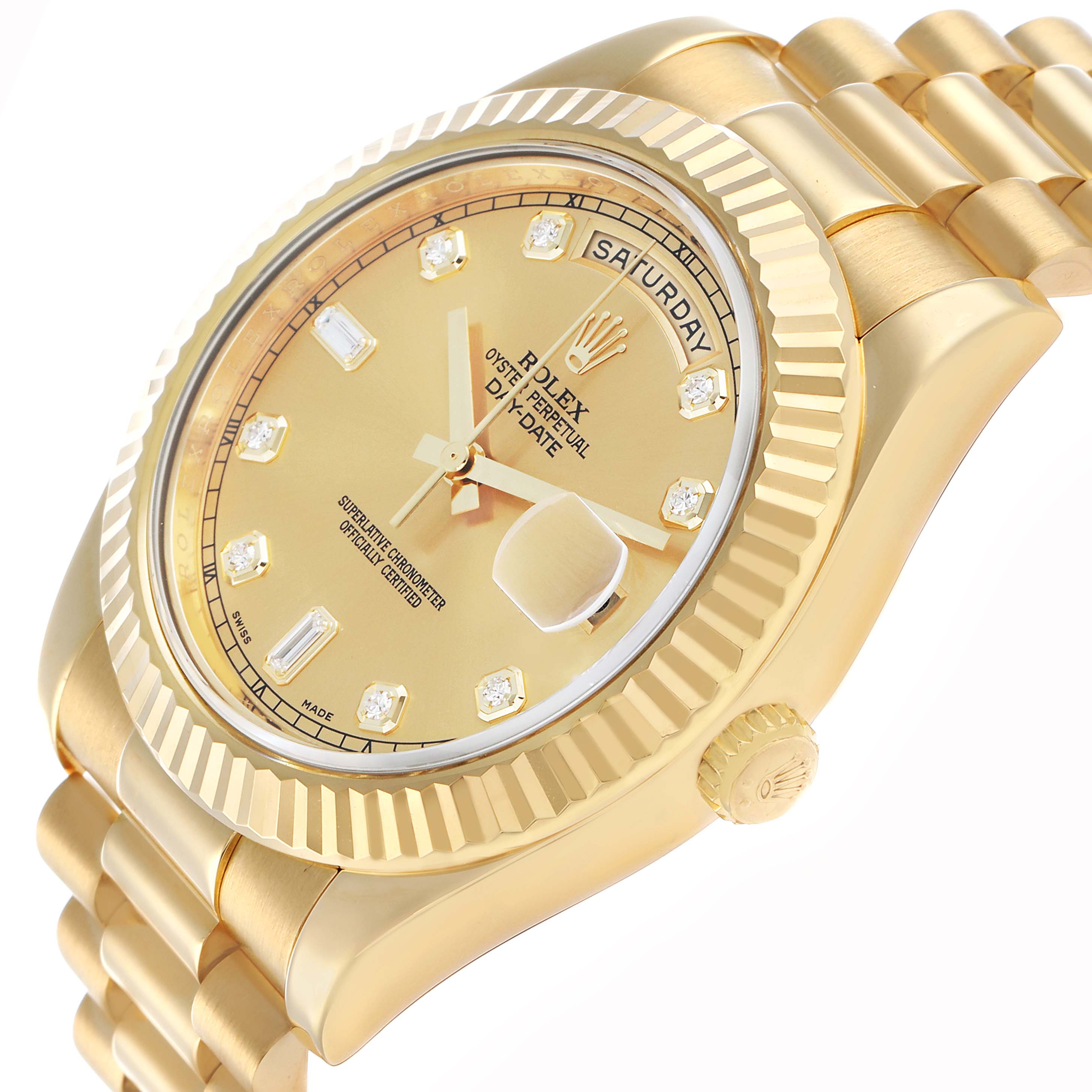 The Rolex President 218238 Men's Yellow Gold Champagne Dial model is shown from a side angle, highlighting the fluted bezel, gold dial, bracelet, and crown.