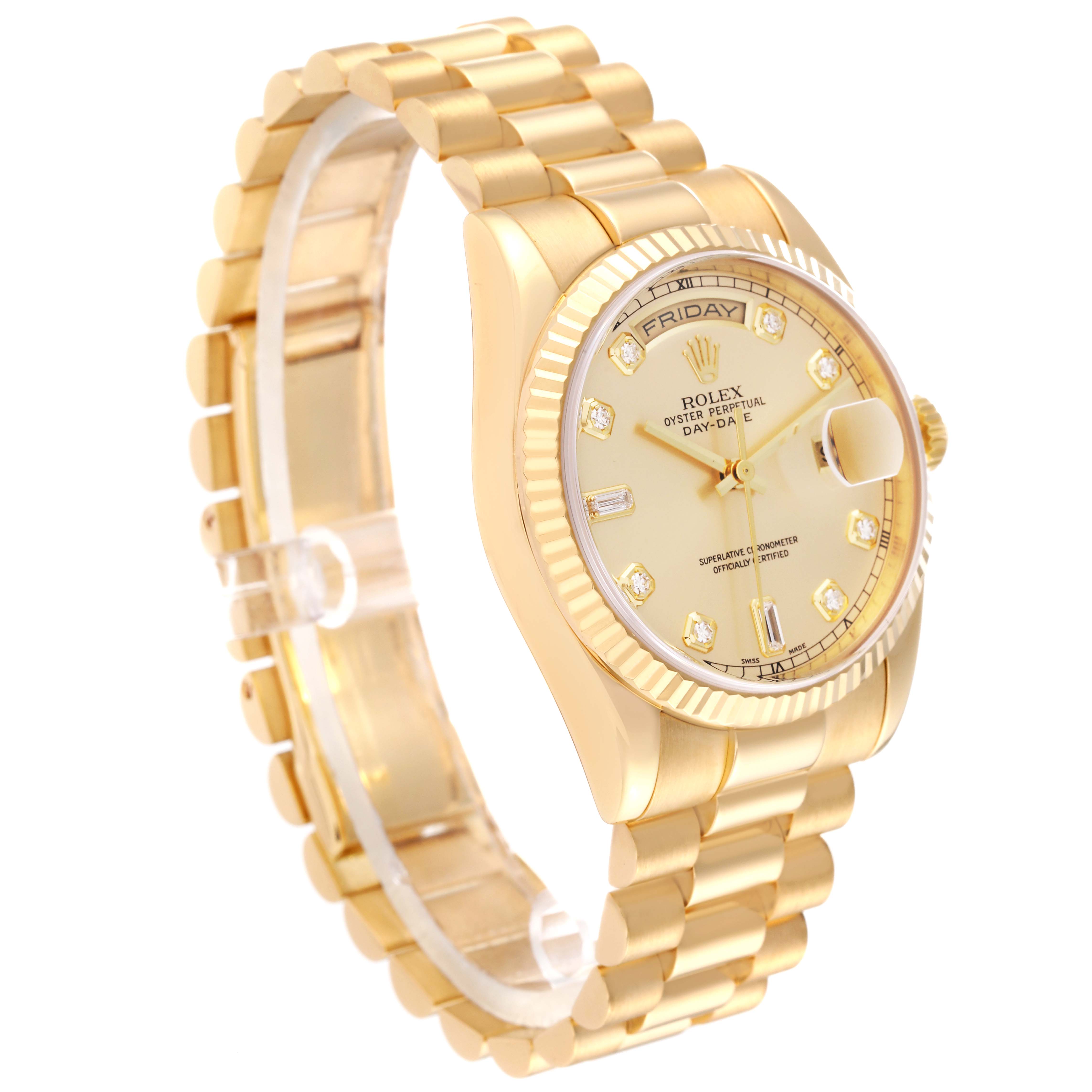 The Rolex President 118238 Men's Yellow Gold Champagne Dial 118238 Men's Yellow Gold Champagne Dial model is shown from a front angled view, displaying its face, case, bracelet, and crown.