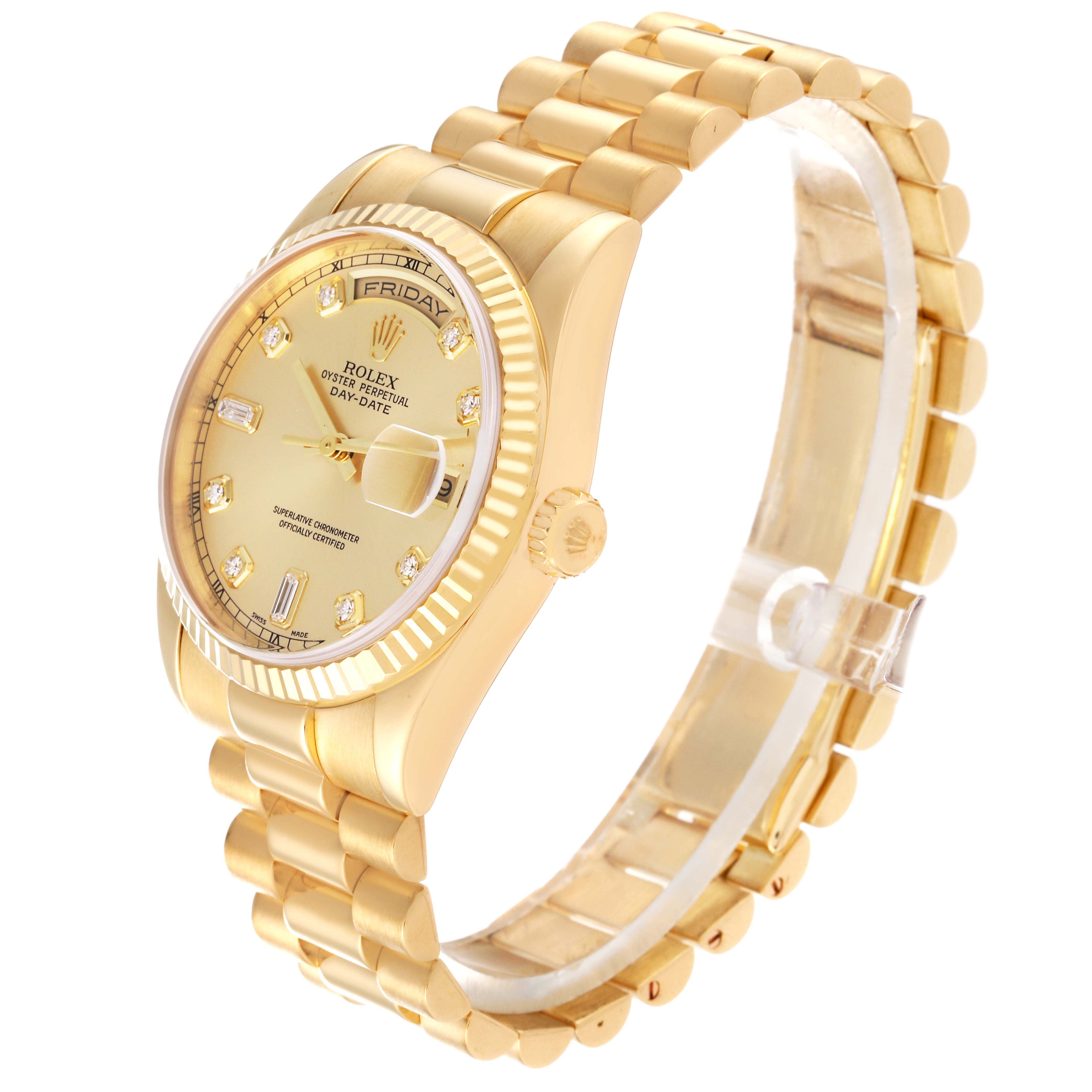 The Rolex President 118238 Men's Yellow Gold Champagne Dial 118238 Men's Yellow Gold Champagne Dial model watch is shown from a front-side angle displaying its gold bracelet, dial, crown, and fluted bezel.