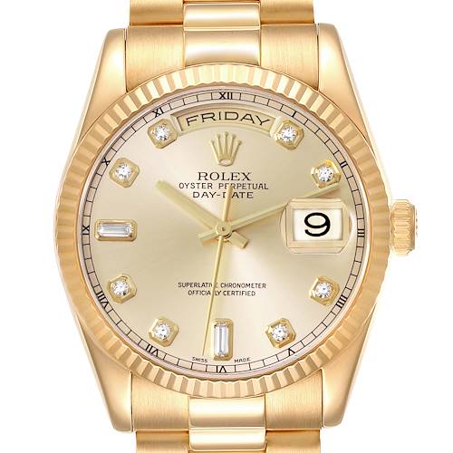 The image shows a frontal view of a Rolex President model watch, detailing its face, dial, and a portion of its strap.