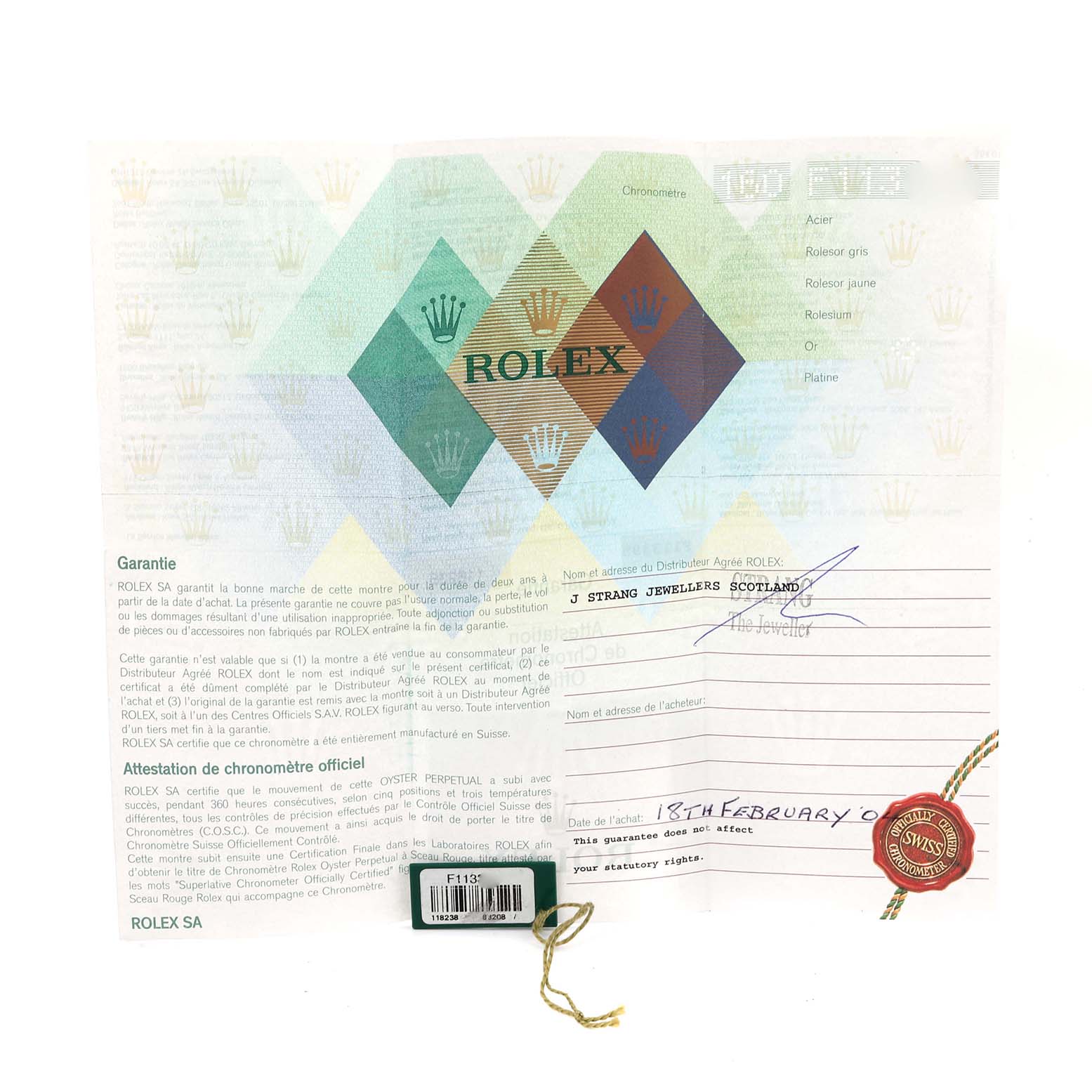 The image shows the authenticity and warranty certificate for a Rolex President 118238 Men's Yellow Gold Champagne Dial 118238 Men's Yellow Gold Champagne Dial model watch.