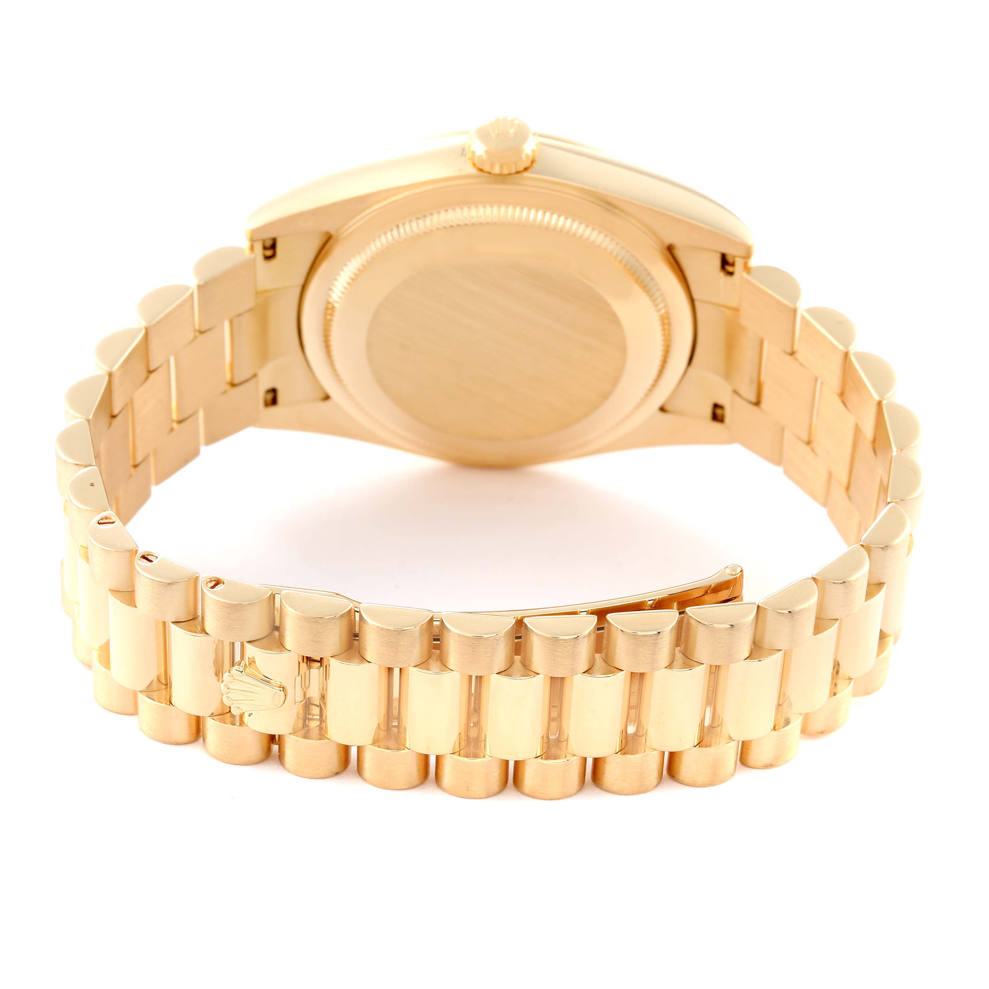This image shows the back view of a Rolex President 118238 Men's Yellow Gold Champagne Dial 118238 Men's Yellow Gold Champagne Dial watch, highlighting the case back and the bracelet.
