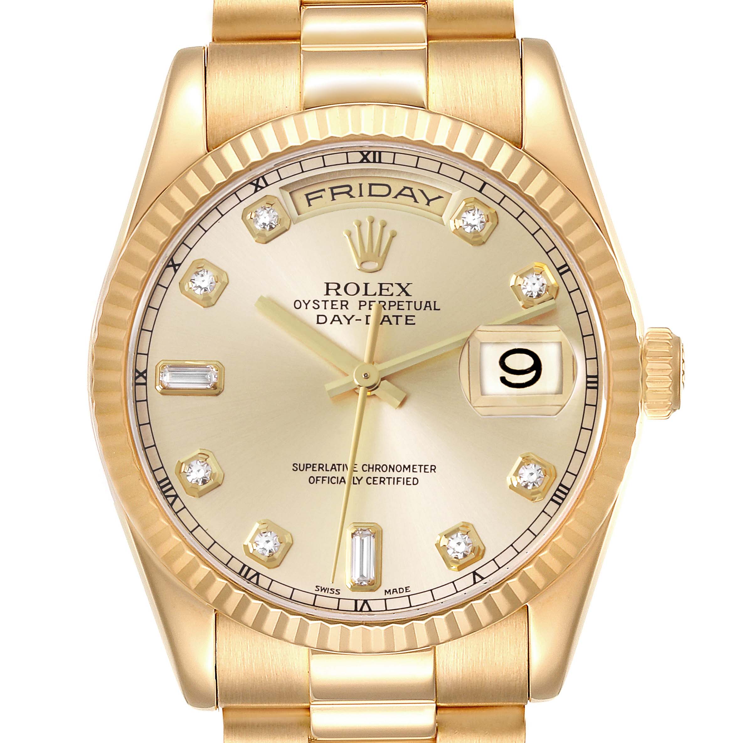 This is a close-up of the Rolex President 118238 Men's Yellow Gold Champagne Dial 118238 Men's Yellow Gold Champagne Dial Day-Date watch, showing the face, bezel, and part of the bracelet.