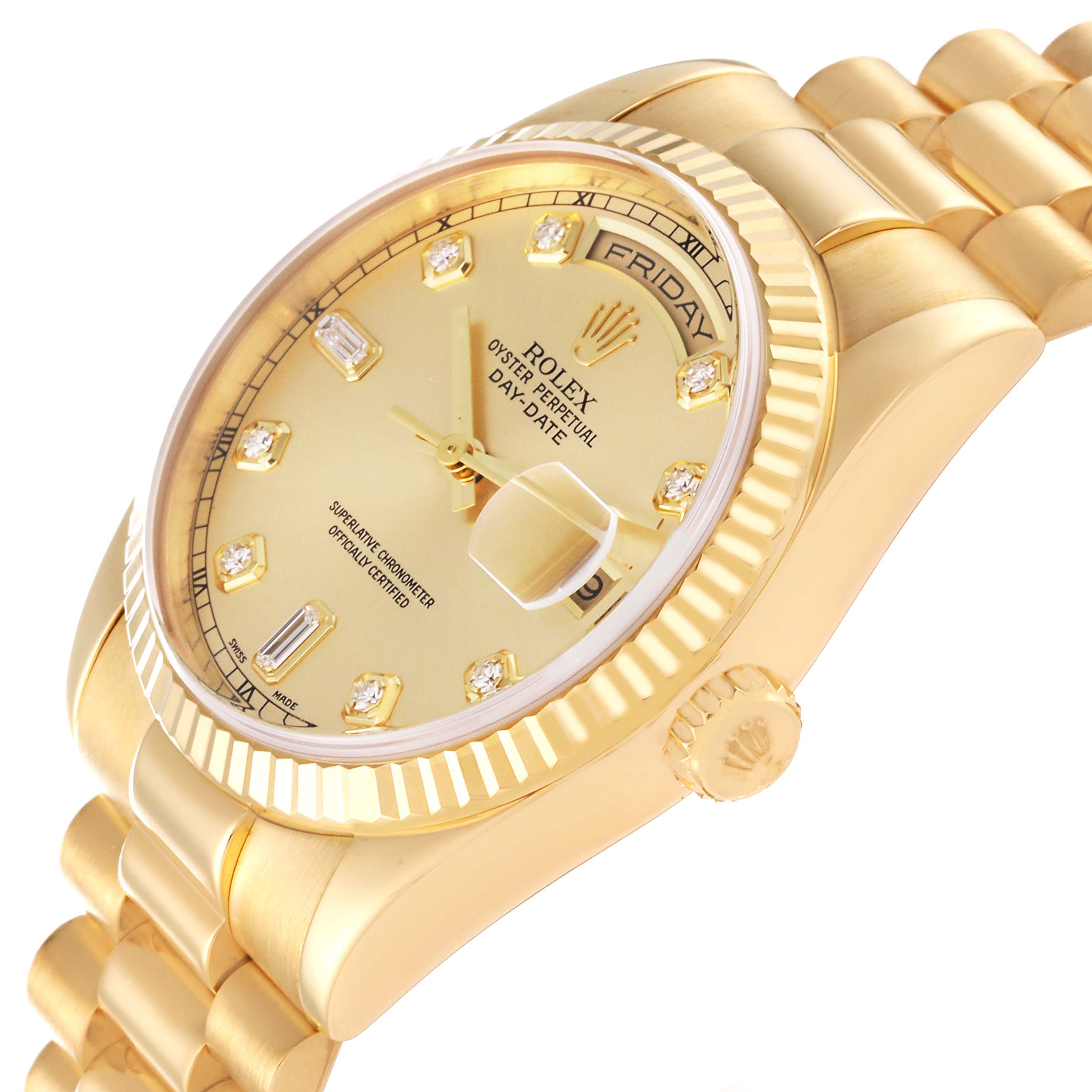The image shows a Rolex President 118238 Men's Yellow Gold Champagne Dial 118238 Men's Yellow Gold Champagne Dial model watch at a slightly tilted side angle, highlighting the dial, bezel, crown, and bracelet.