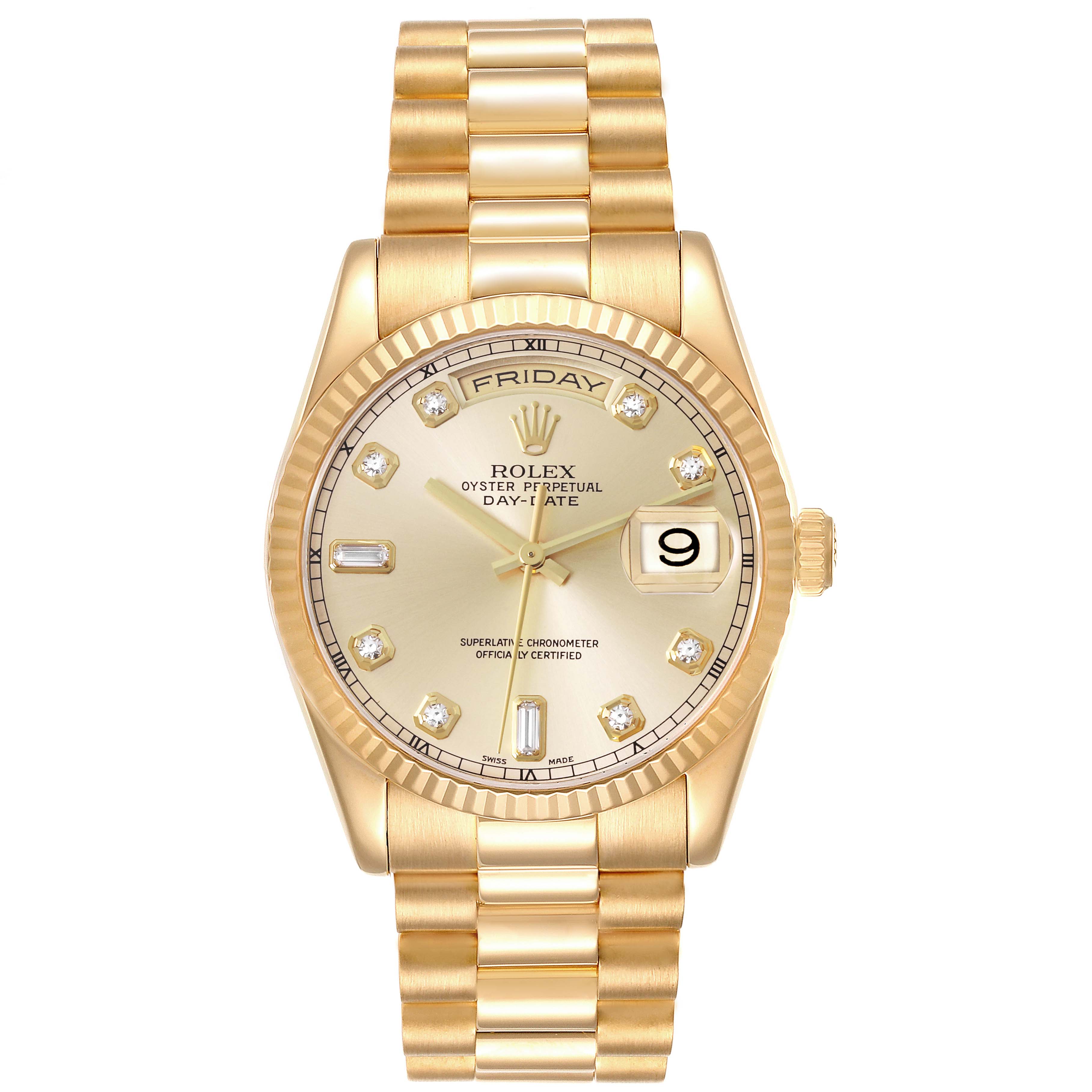 The image shows a frontal view of a Rolex President 118238 Men's Yellow Gold Champagne Dial 118238 Men's Yellow Gold Champagne Dial model watch, featuring a gold band, and a date display.