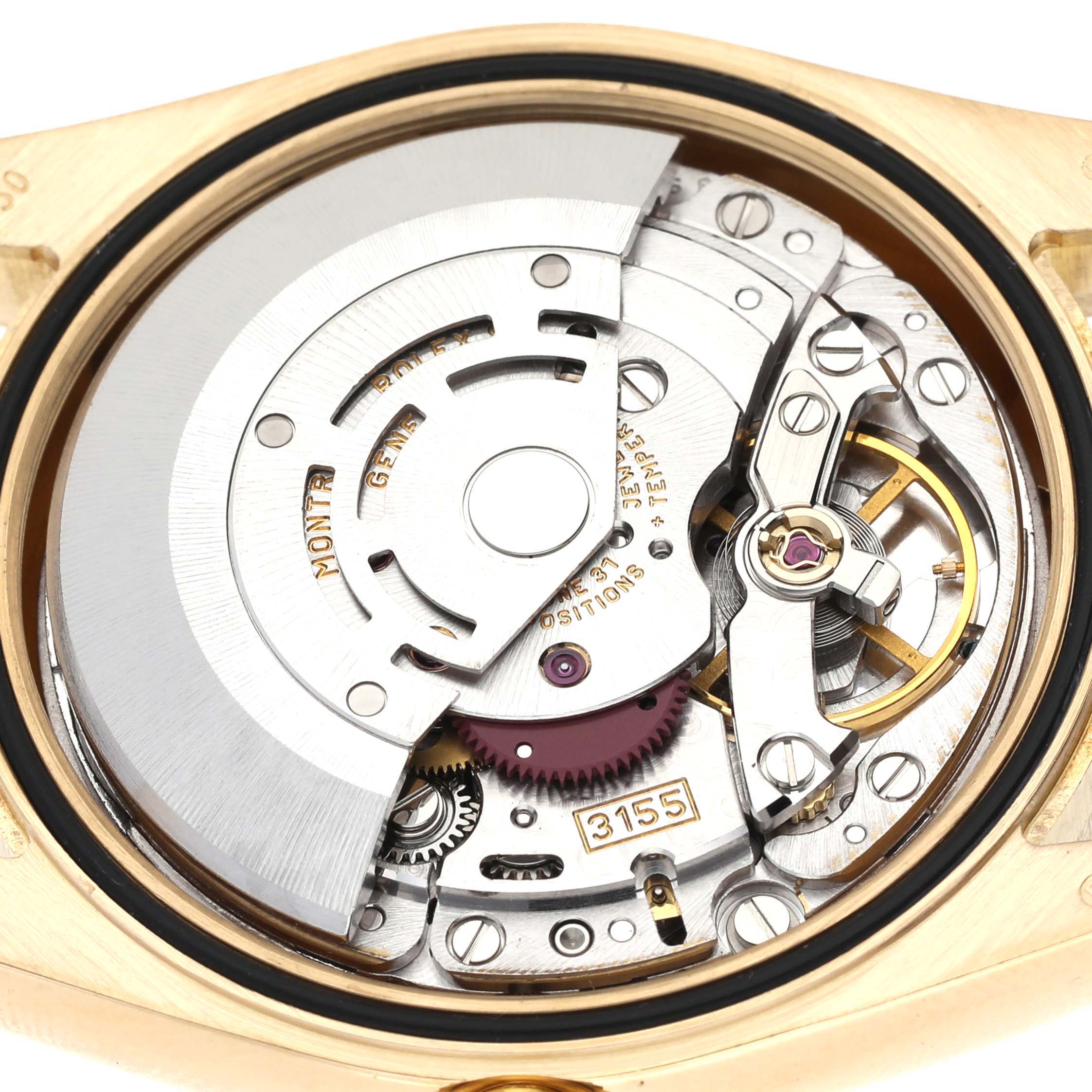 This image shows the internal movement mechanism of the Rolex President 118238 Men's Yellow Gold Champagne Dial 118238 Men's Yellow Gold Champagne Dial model watch from a rear angle.
