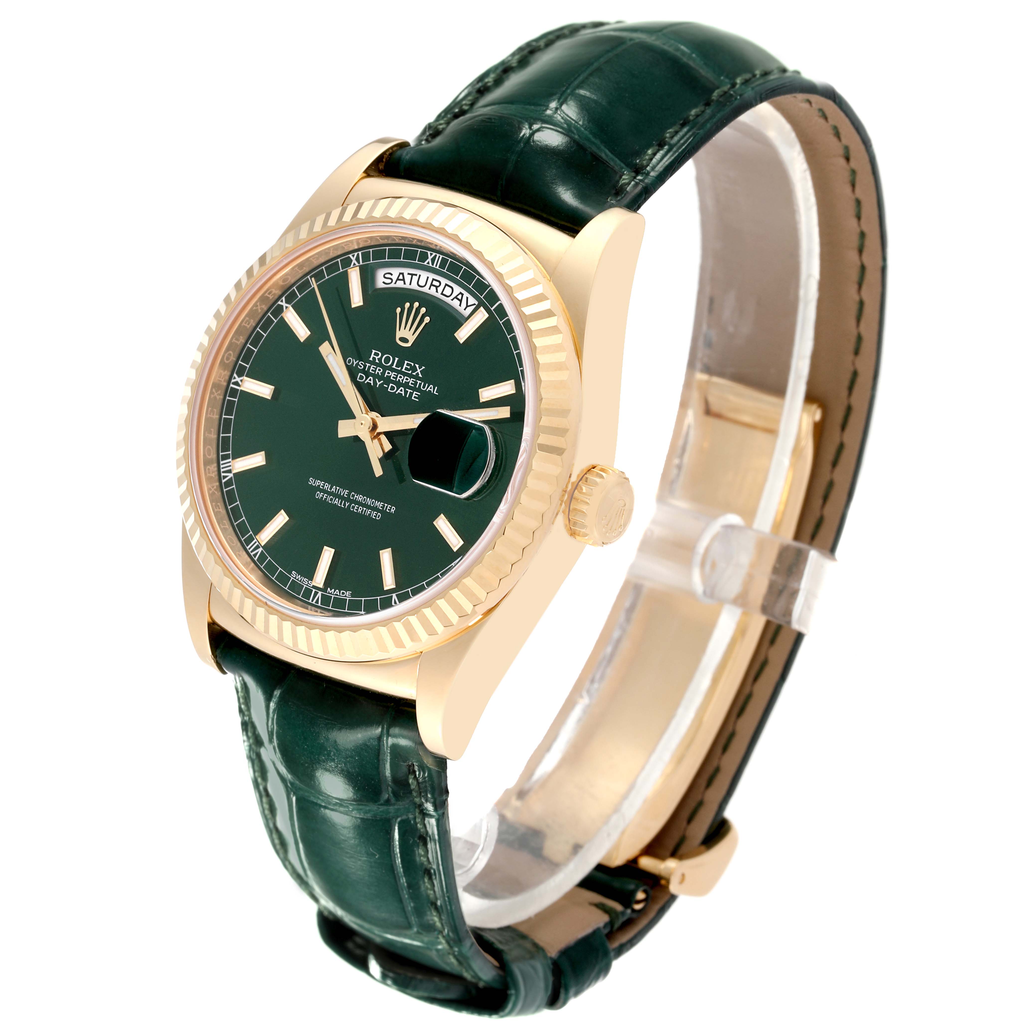 This image shows a Rolex President 118138 Men
s Yellow Gold Green Dial 118138 Men
s Yellow Gold Green Dial model watch angled from the front-left, highlighting the green dial, gold case, and green leather strap.