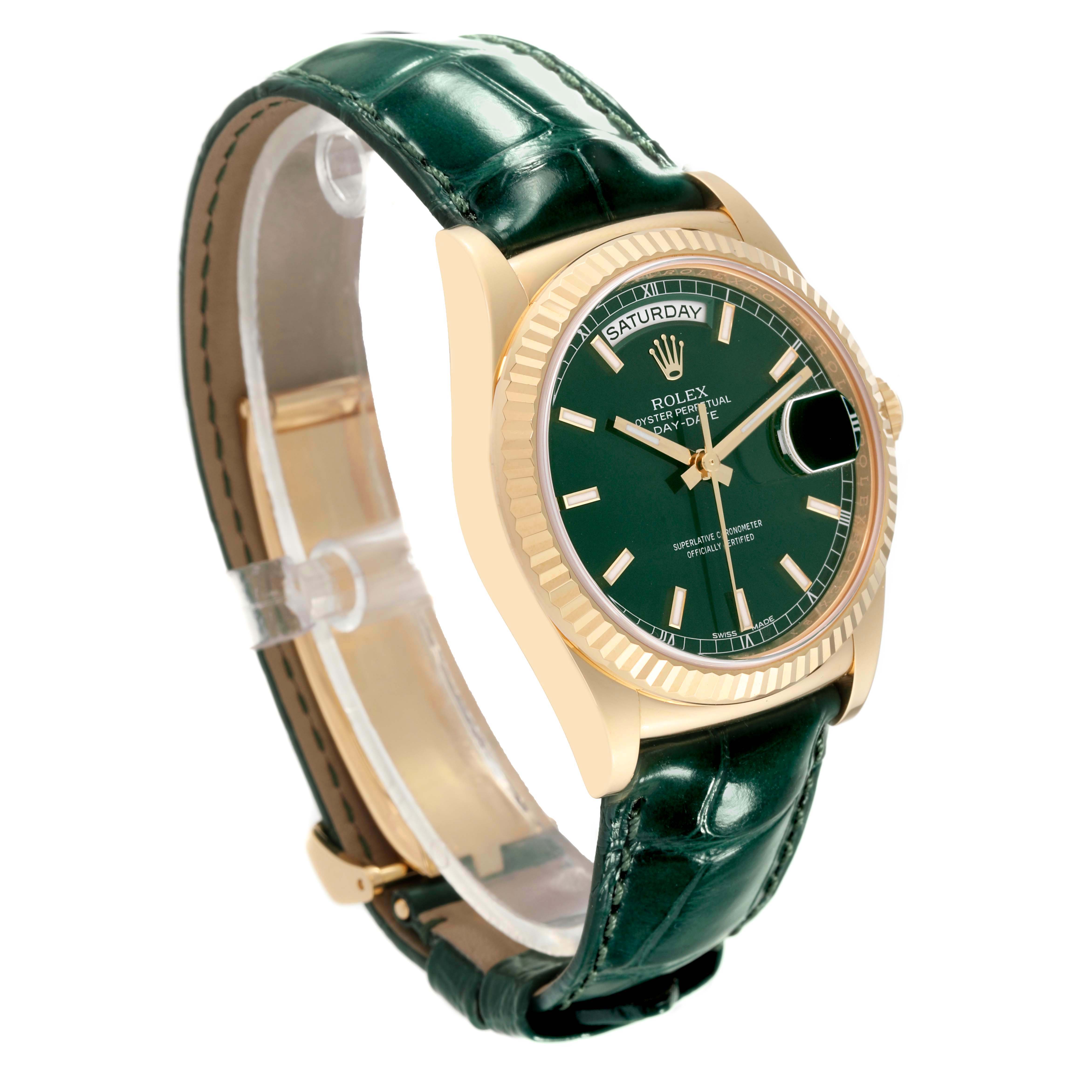 The image shows a side view of a Rolex President 118138 Men
s Yellow Gold Green Dial 118138 Men
s Yellow Gold Green Dial model watch, featuring a gold case and green leather strap.