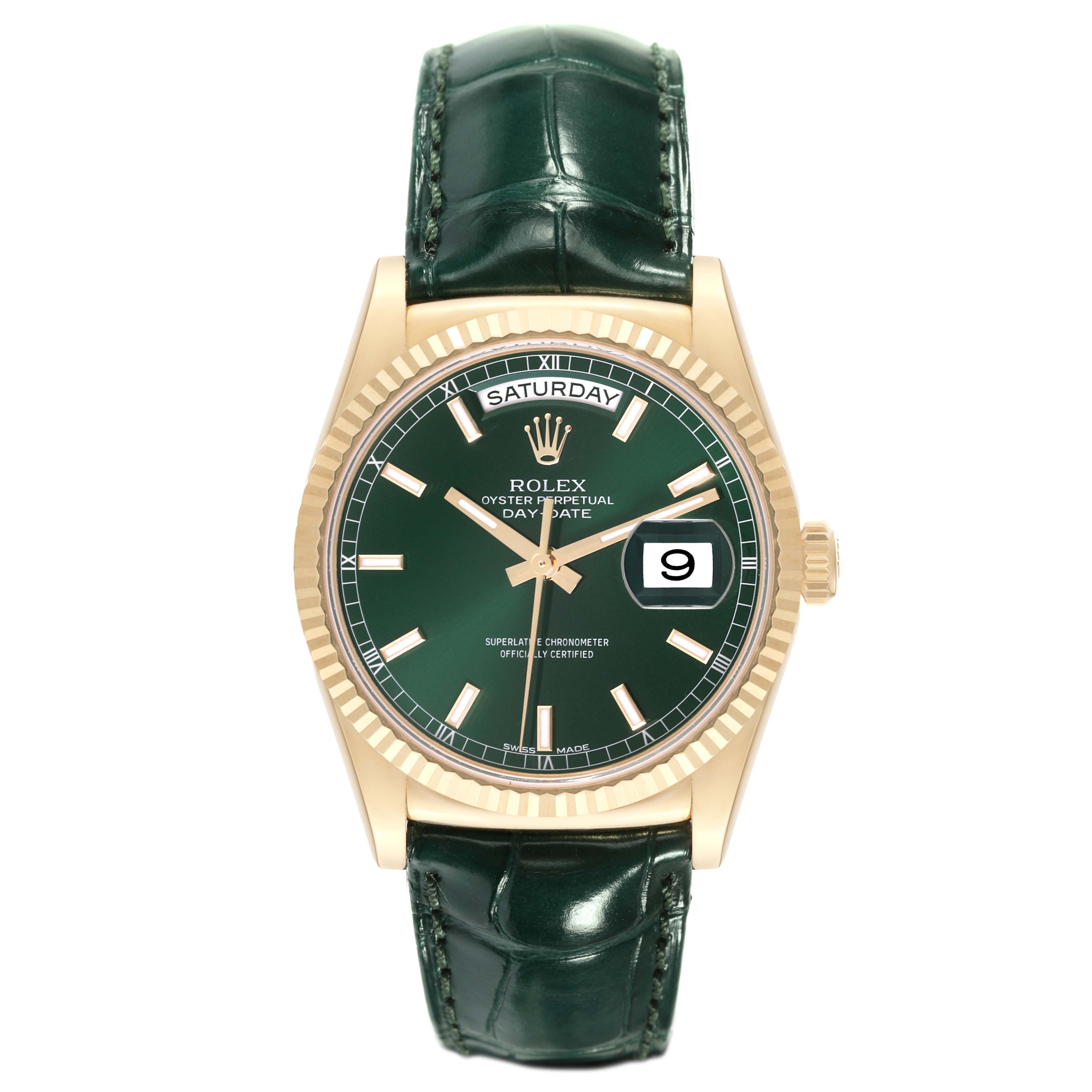 This image shows a Rolex President 118138 Men
s Yellow Gold Green Dial 118138 Men
s Yellow Gold Green Dial model watch from a front angle, highlighting the green dial, day and date indicators, and leather strap.