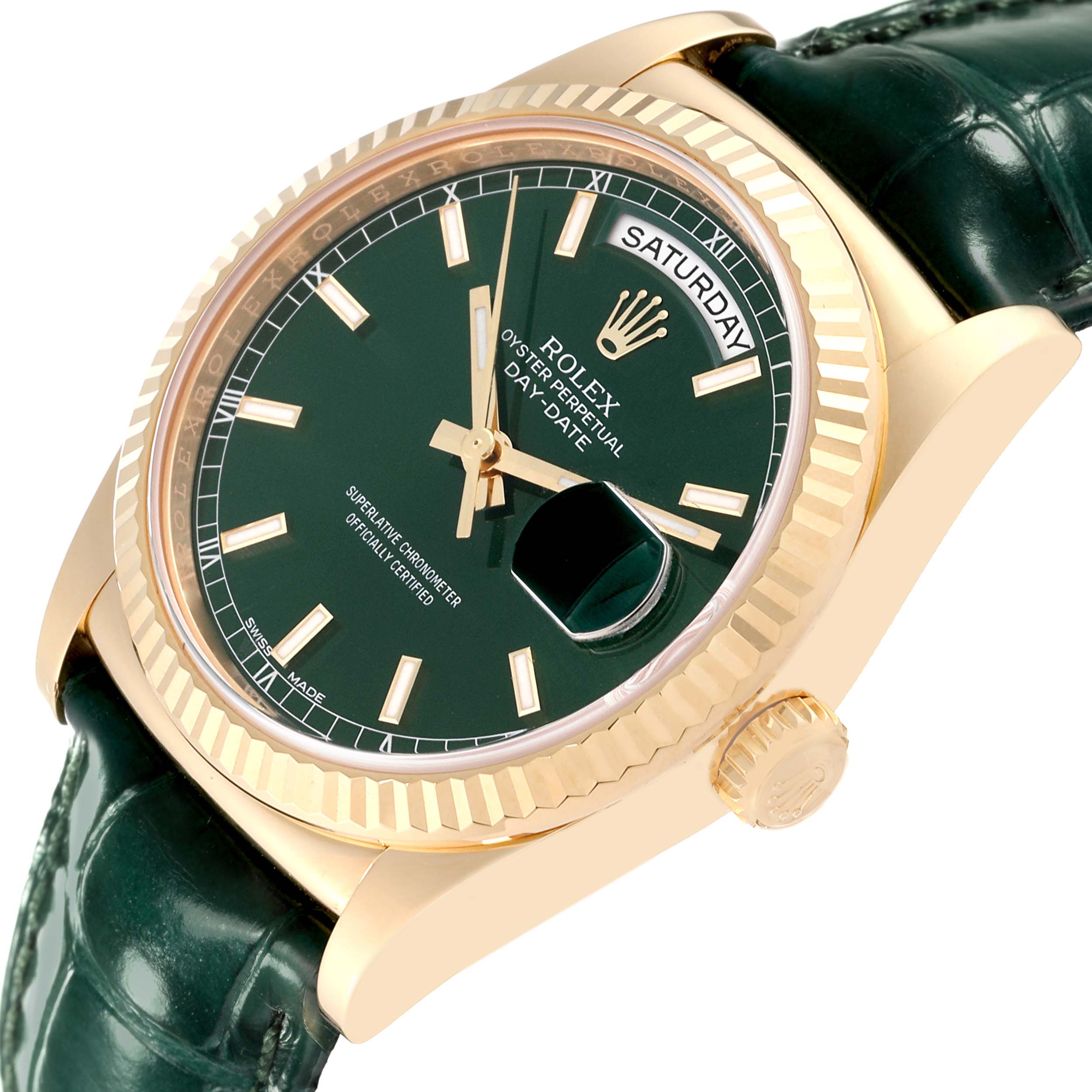 The Rolex President 118138 Men
s Yellow Gold Green Dial 118138 Men
s Yellow Gold Green Dial model watch is shown from an angle highlighting the green dial, fluted bezel, crown, and leather strap.