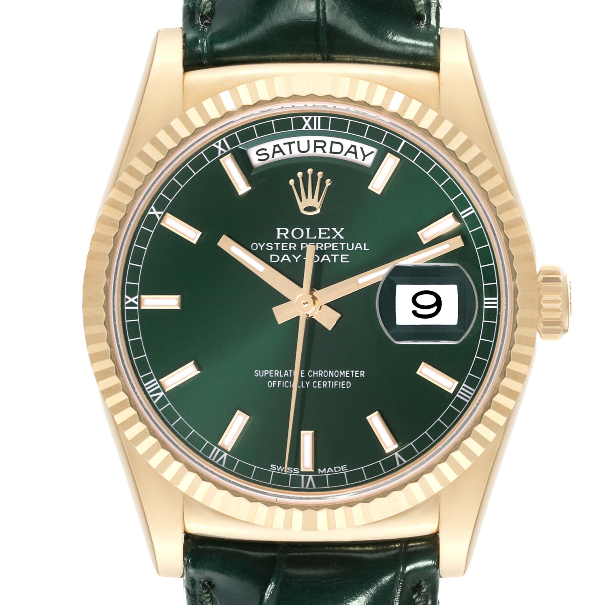 This image shows a Rolex President 118138 Men
s Yellow Gold Green Dial 118138 Men
s Yellow Gold Green Dial model watch from a straight-on angle, highlighting the green dial, gold case, and day-date display.
