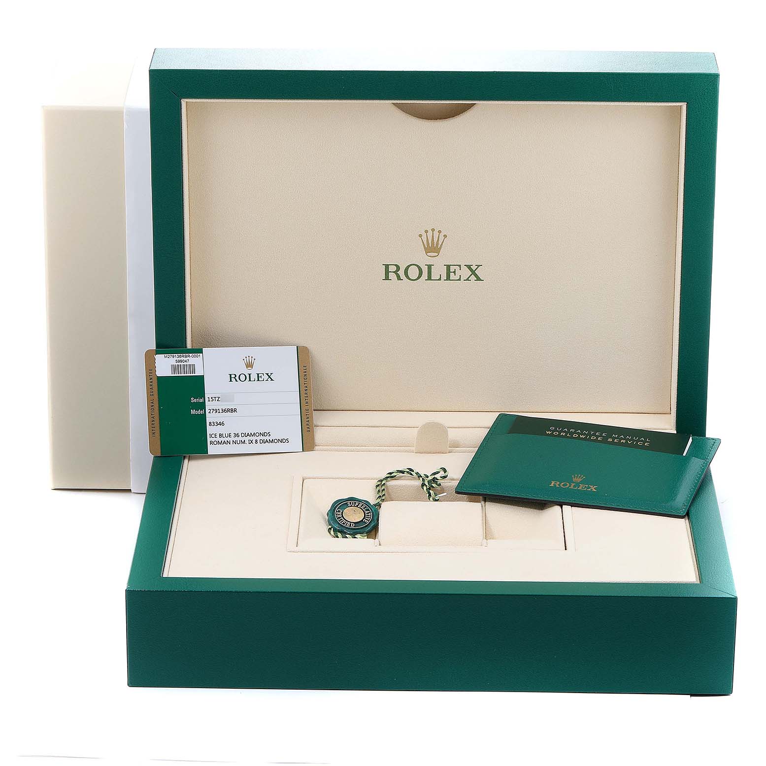 This image shows the box, warranty card, manual, and tag of a Rolex President 279136 Women's Platinum Blue Dial 279136 Women's Platinum Blue Dial model watch.