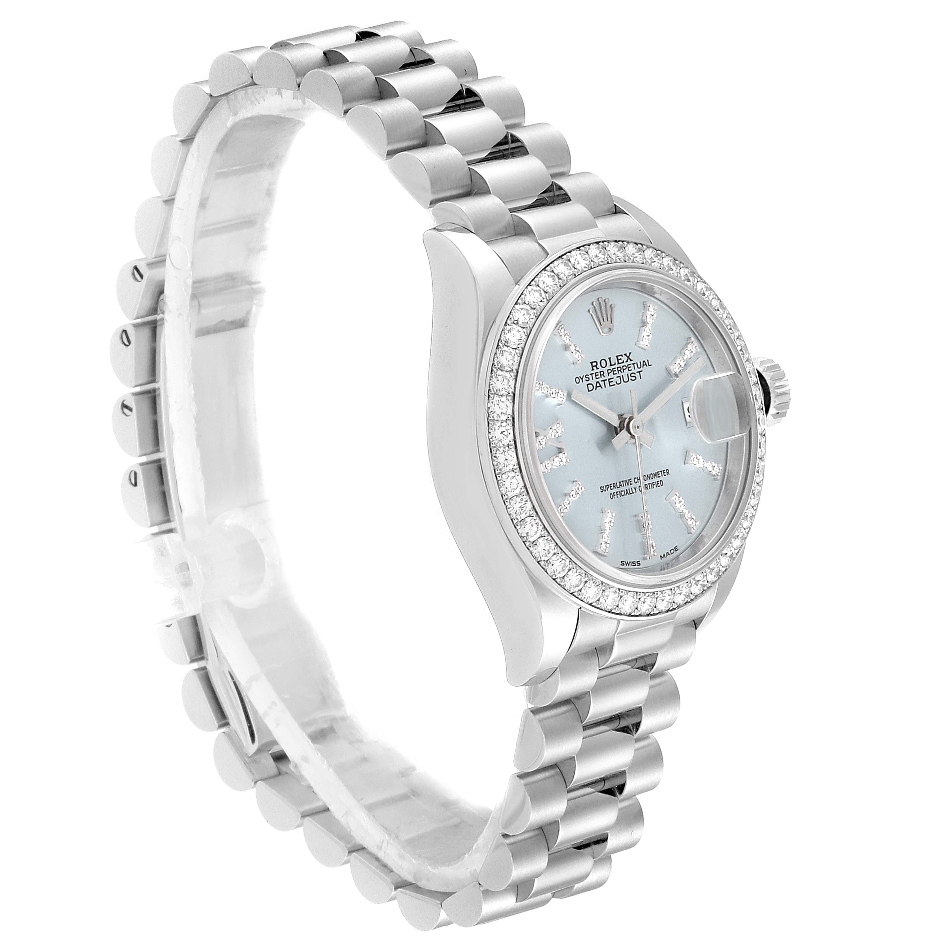 The image shows a side view of a Rolex President 279136 Women's Platinum Blue Dial 279136 Women's Platinum Blue Dial model watch, highlighting its bracelet, bezel, dial, and case.