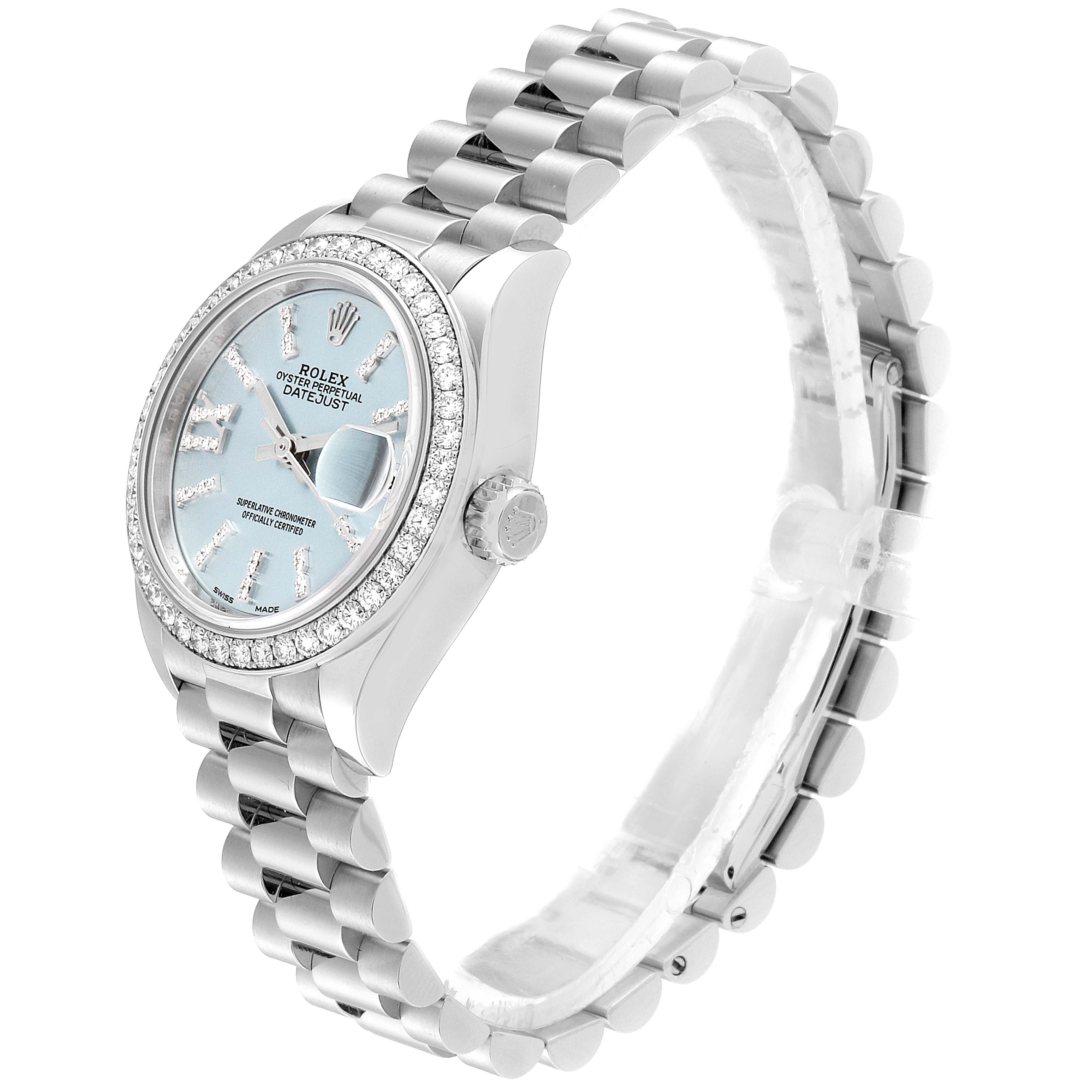The Rolex President 279136 Women's Platinum Blue Dial 279136 Women's Platinum Blue Dial model watch is shown at a slight angle, displaying the dial, bezel, crown, and bracelet.