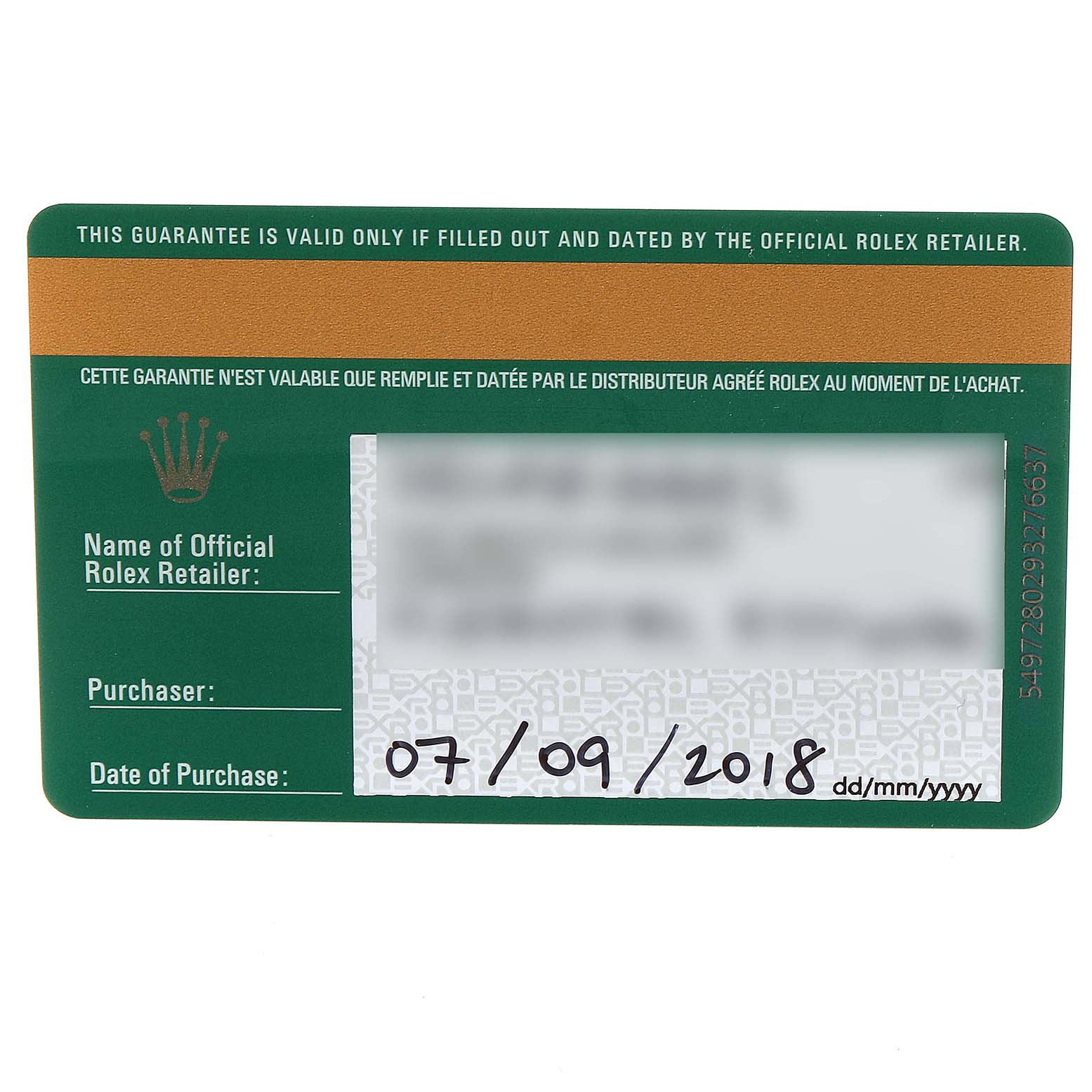 This image shows the warranty card of a Rolex President 279136 Women's Platinum Blue Dial 279136 Women's Platinum Blue Dial model, with purchase details.