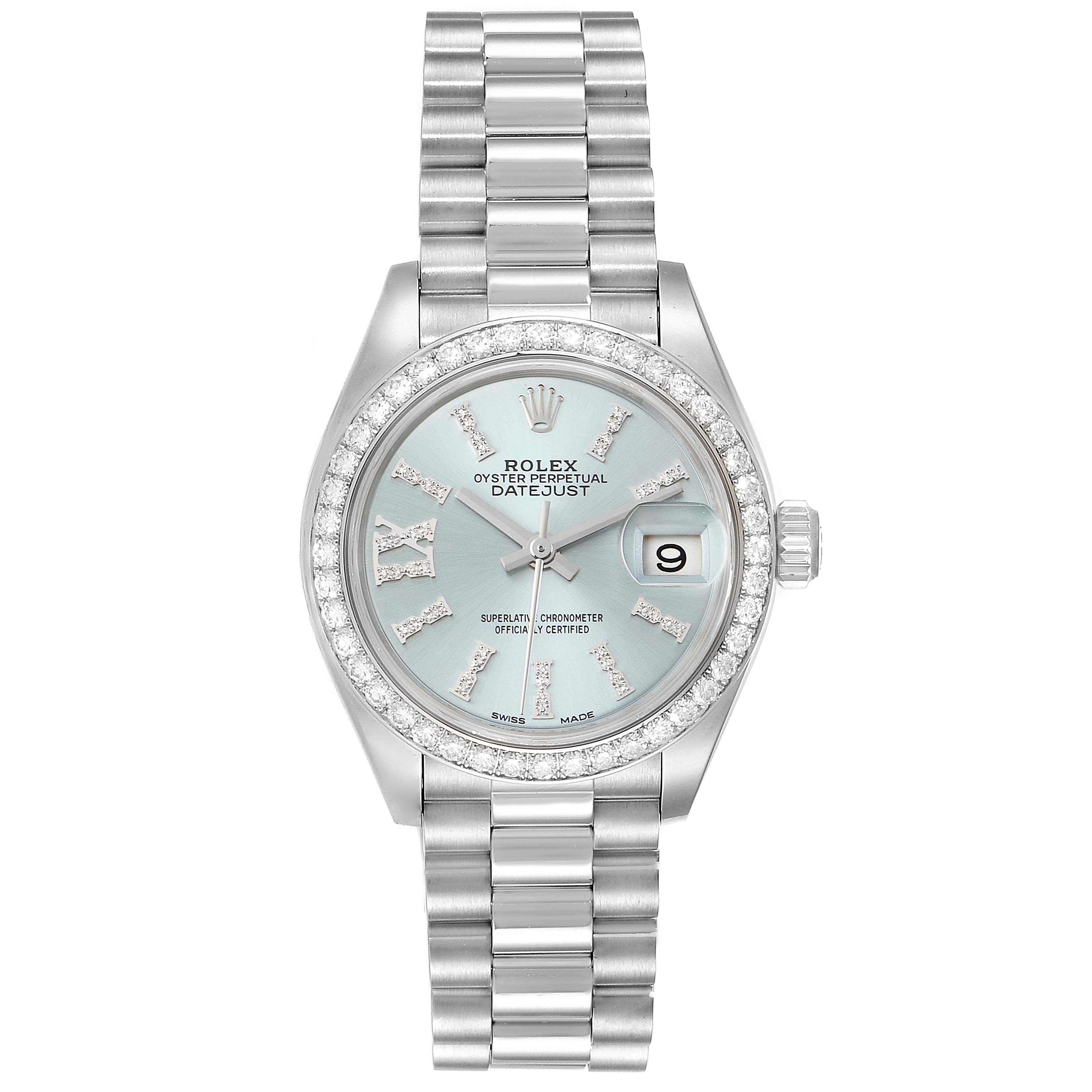 The image shows a front view of a Rolex President 279136 Women's Platinum Blue Dial 279136 Women's Platinum Blue Dial model, highlighting its dial, bezel, and bracelet.