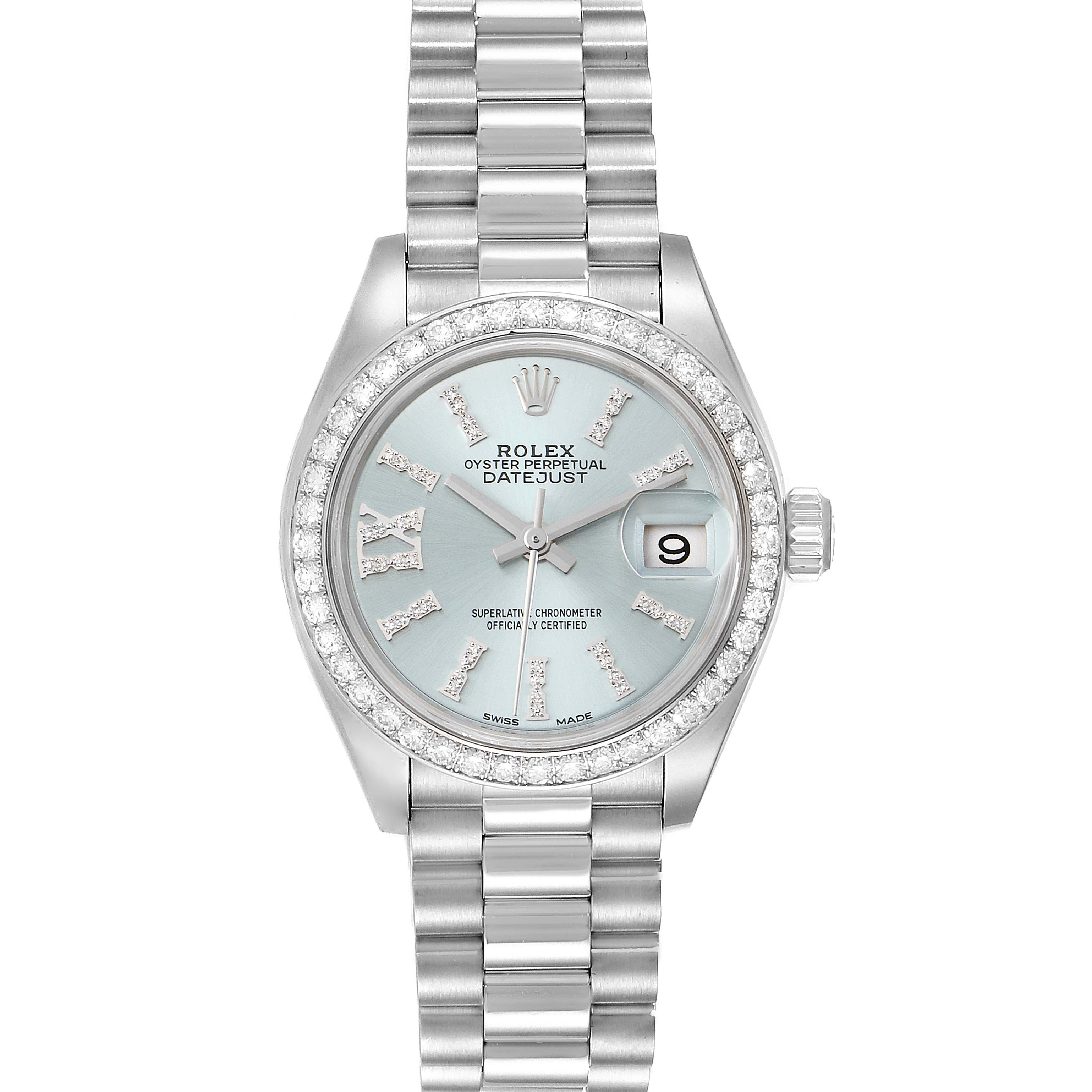 This is a head-on view of the Rolex President 279136 Women's Platinum Blue Dial 279136 Women's Platinum Blue Dial Datejust, showing the face, bezel, and bracelet.