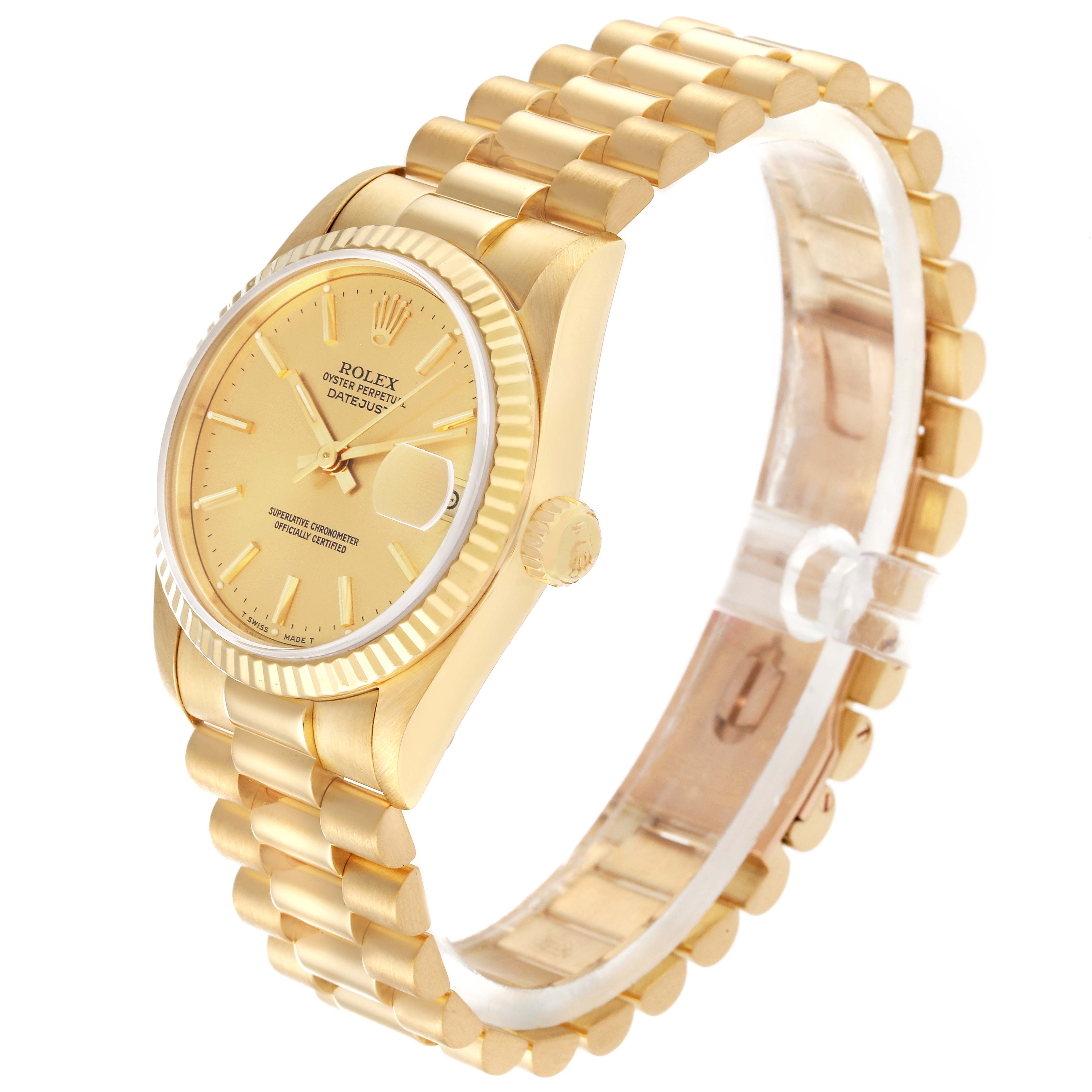 The Rolex President 68278 Women's Yellow Gold Champagne Dial 68278 Women's Yellow Gold Champagne Dial model watch is shown at a three-quarter angle, displaying its gold bracelet, dial, and crown.