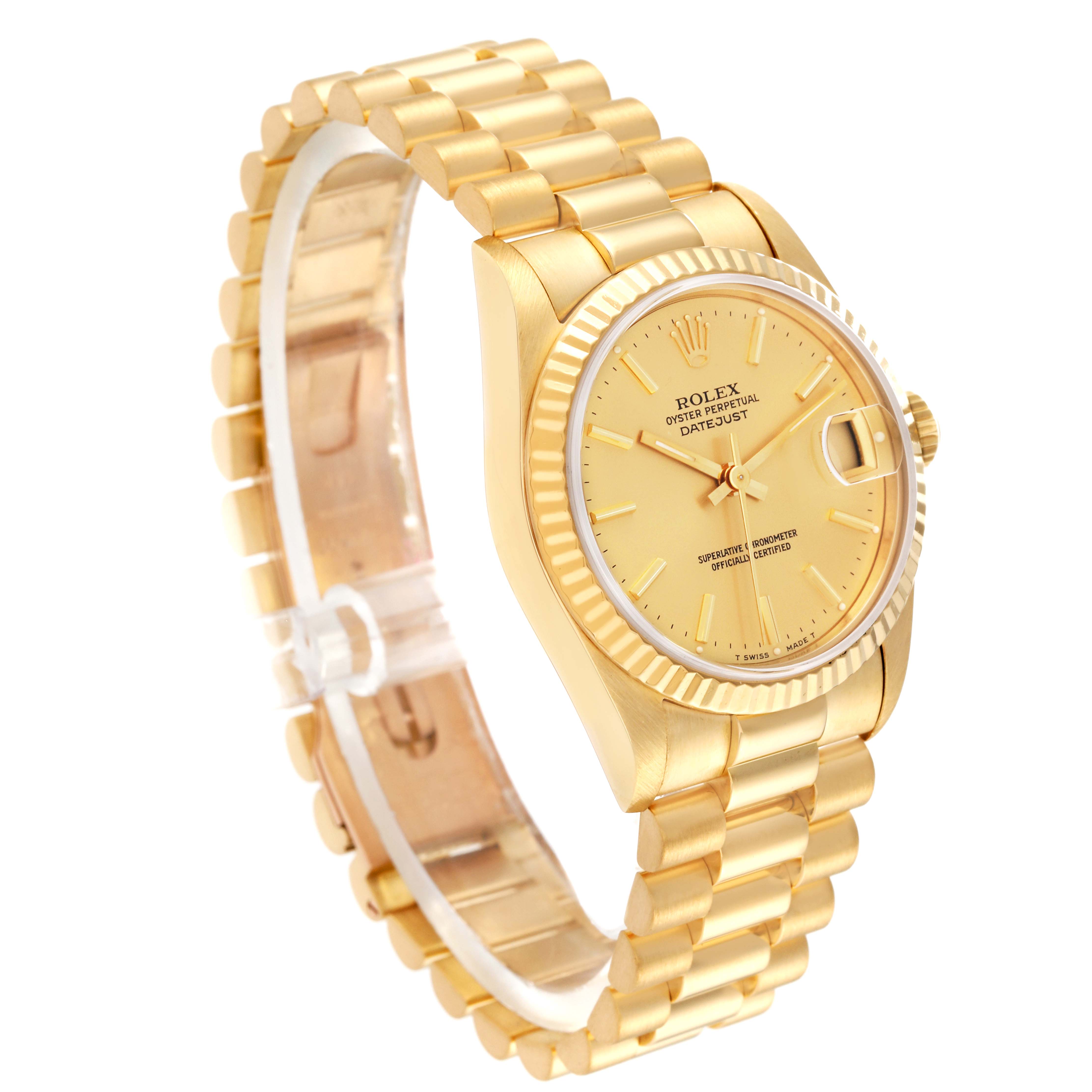 The Rolex President 68278 Women's Yellow Gold Champagne Dial 68278 Women's Yellow Gold Champagne Dial model watch is shown at a 45-degree angle, highlighting the yellow gold bracelet, fluted bezel, and date window.