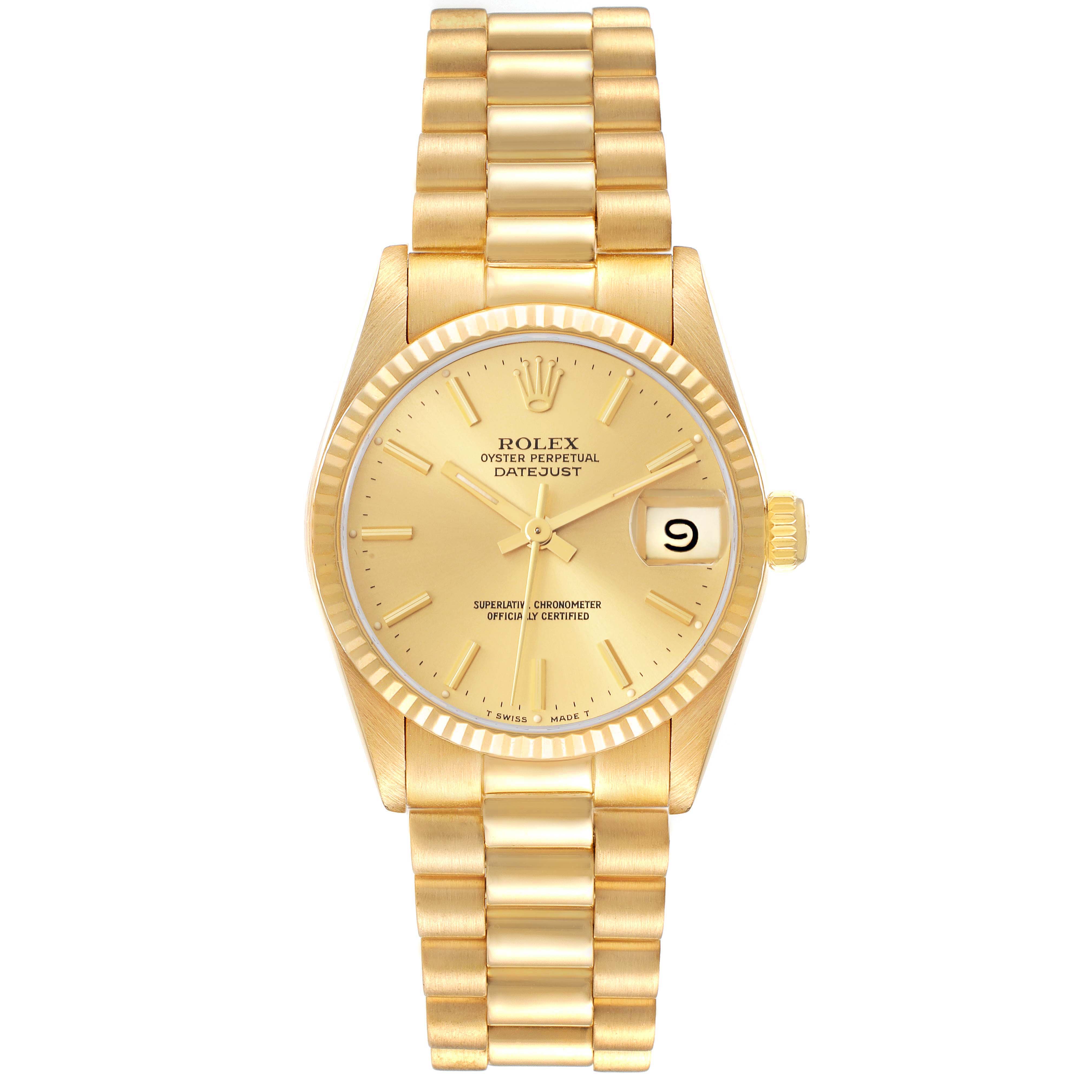 Front view of a Rolex President 68278 Women's Yellow Gold Champagne Dial 68278 Women's Yellow Gold Champagne Dial model watch, showing its gold bracelet, dial, hands, and date display.