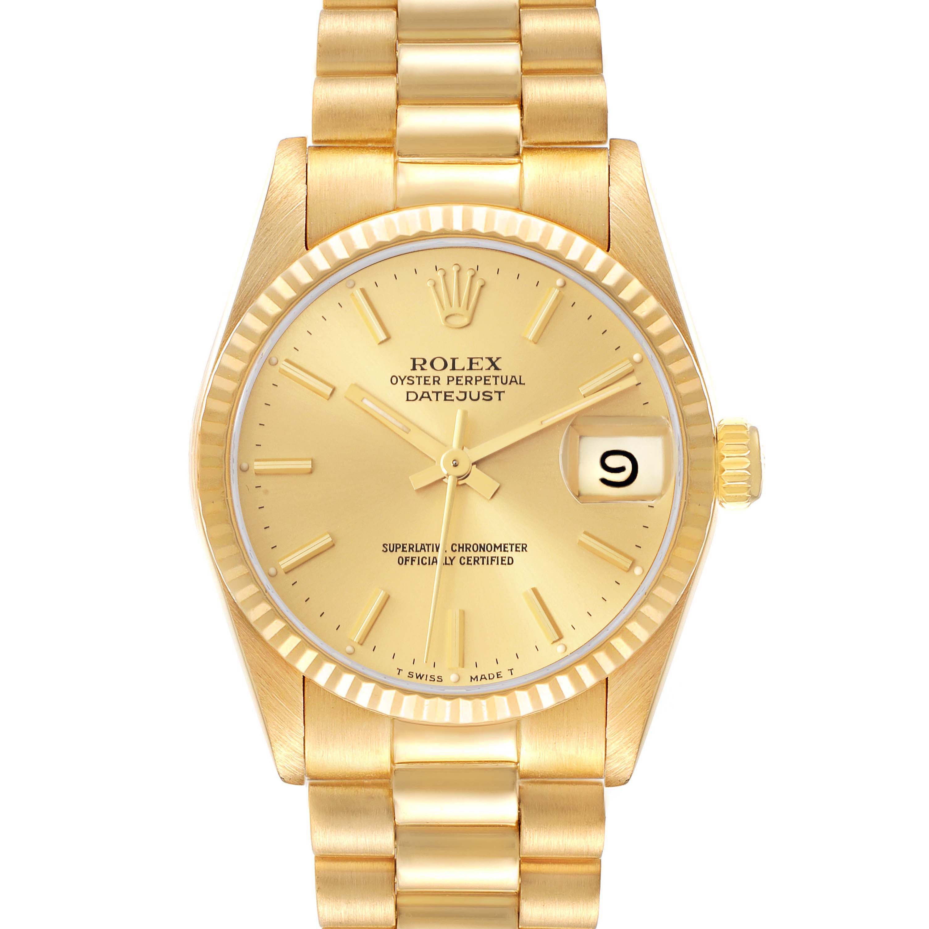 The image shows a frontal view of a Rolex President 68278 Women's Yellow Gold Champagne Dial 68278 Women's Yellow Gold Champagne Dial model watch, displaying its gold dial, bezel, bracelet, and date window.