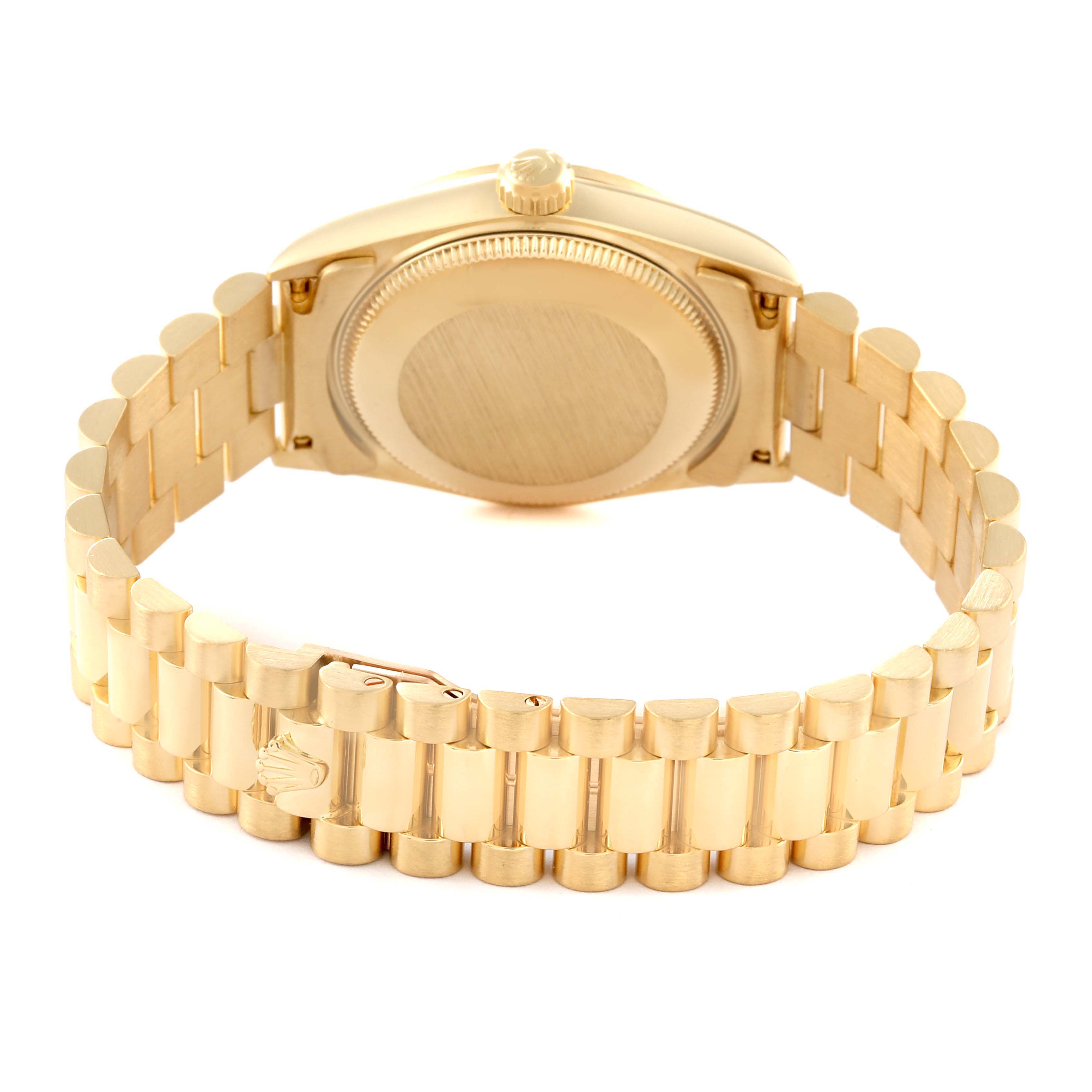 This image shows the back case and bracelet of a Rolex President 68278 Women's Yellow Gold Champagne Dial 68278 Women's Yellow Gold Champagne Dial model watch from a rear angle.