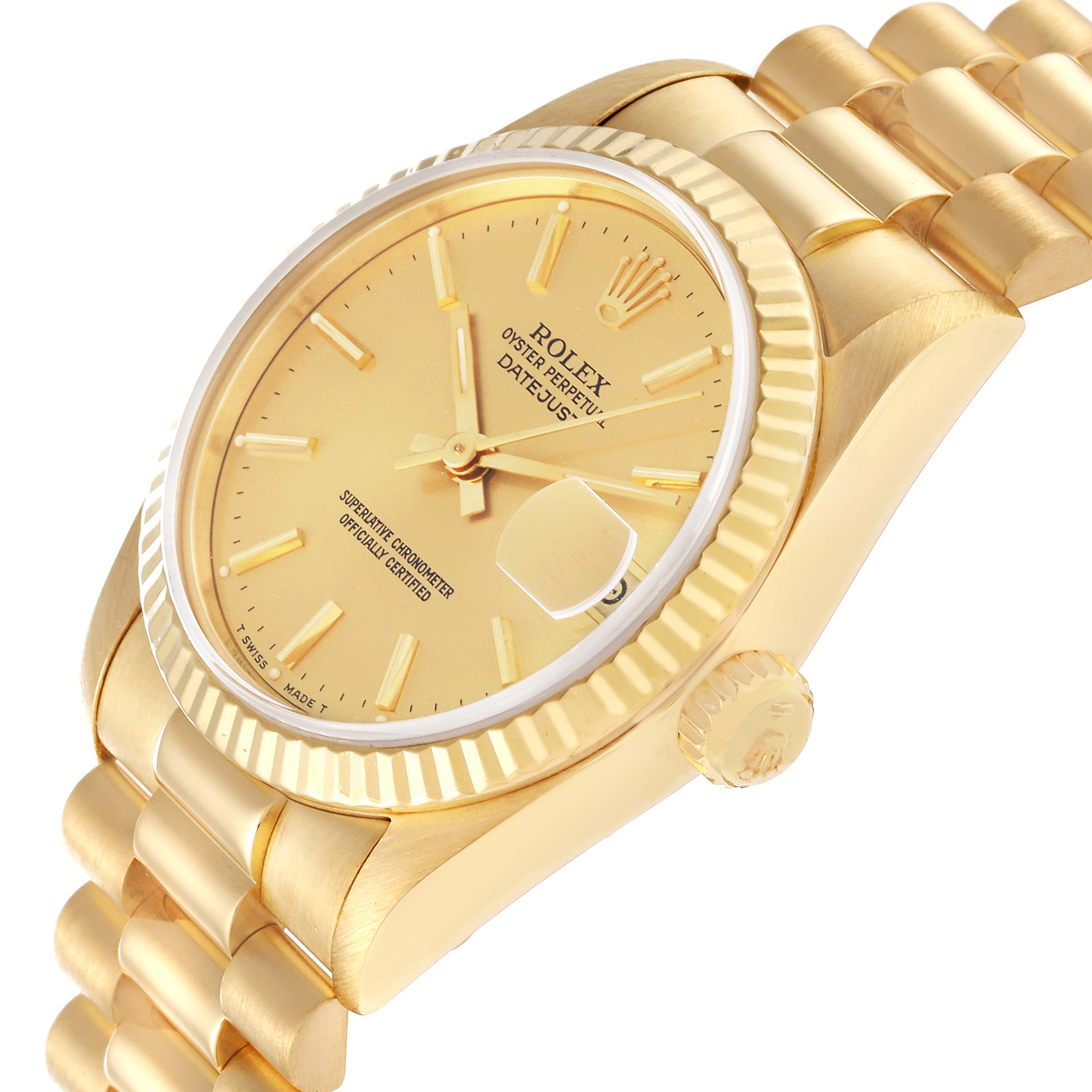 This image shows a close-up, angled view of a gold Rolex President 68278 Women's Yellow Gold Champagne Dial 68278 Women's Yellow Gold Champagne Dial model watch, highlighting the dial, bezel, crown, and part of the bracelet.