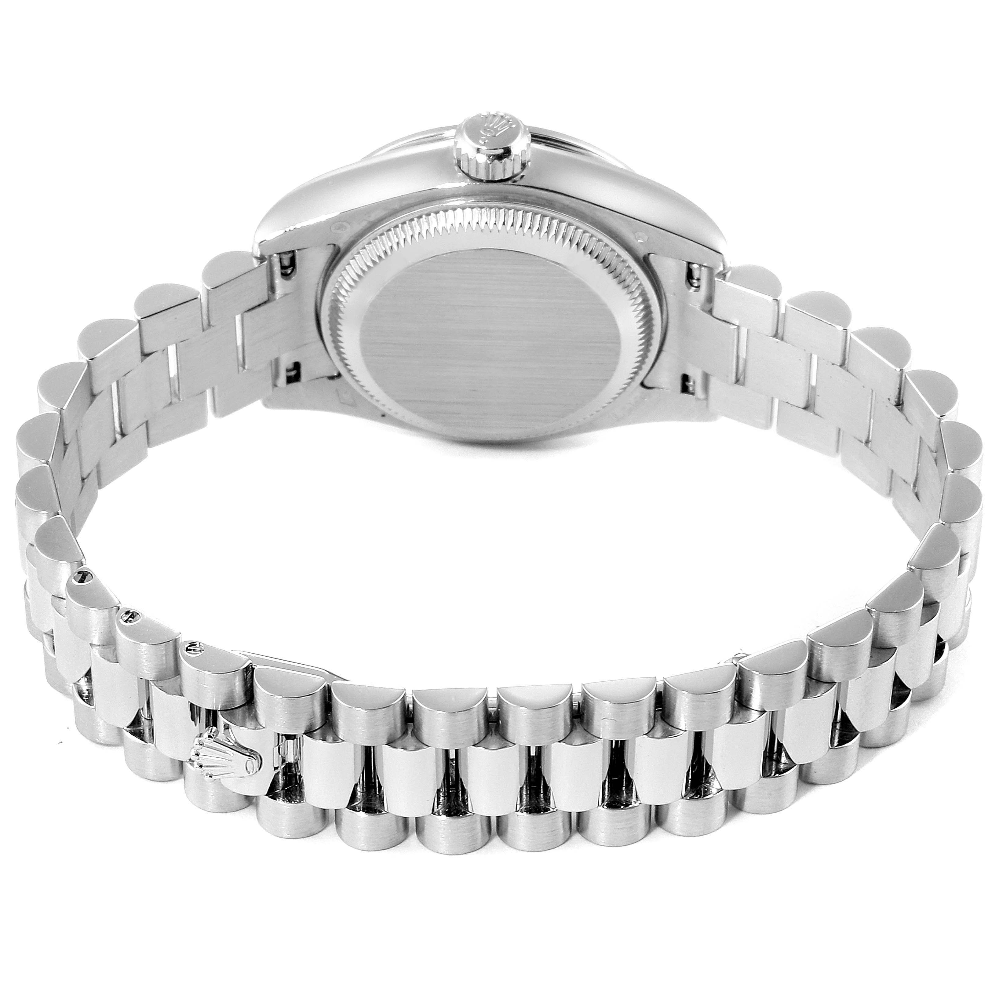 This image shows the back and bracelet of a Rolex President 179136 Women's Platinum Silver Dial 179136 Women's Platinum Silver Dial model watch from a rear angle.
