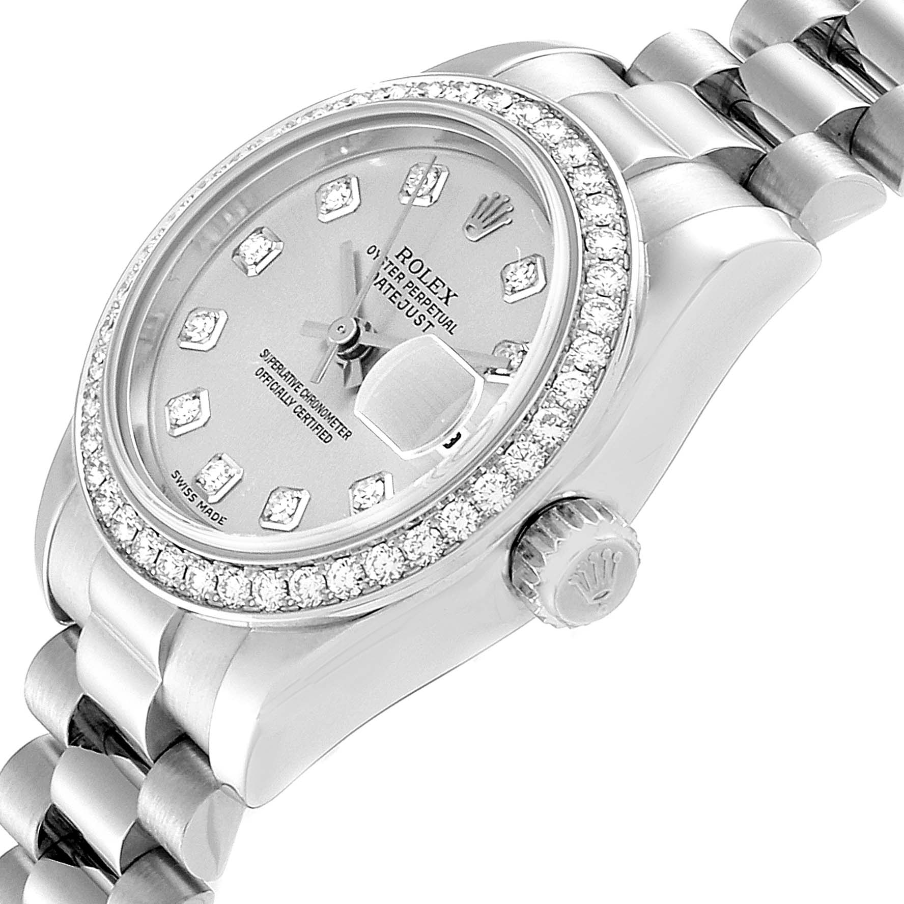 This image shows the dial, crown, bezel, and part of the bracelet of a Rolex President 179136 Women's Platinum Silver Dial 179136 Women's Platinum Silver Dial model watch at a slightly angled view.