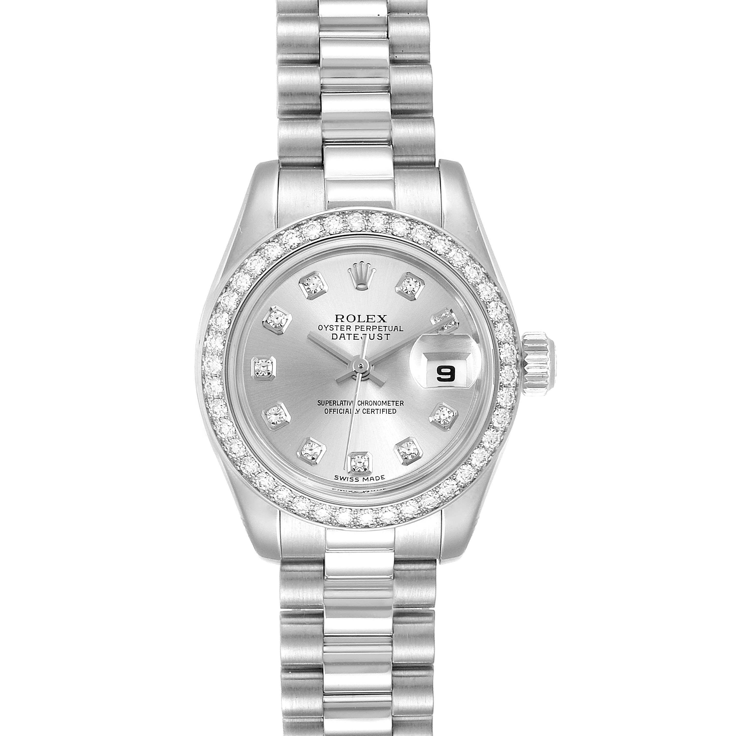 The image shows a front view of a Rolex President 179136 Women's Platinum Silver Dial 179136 Women's Platinum Silver Dial model watch, highlighting the dial, bezel, bracelet, and date indicator.