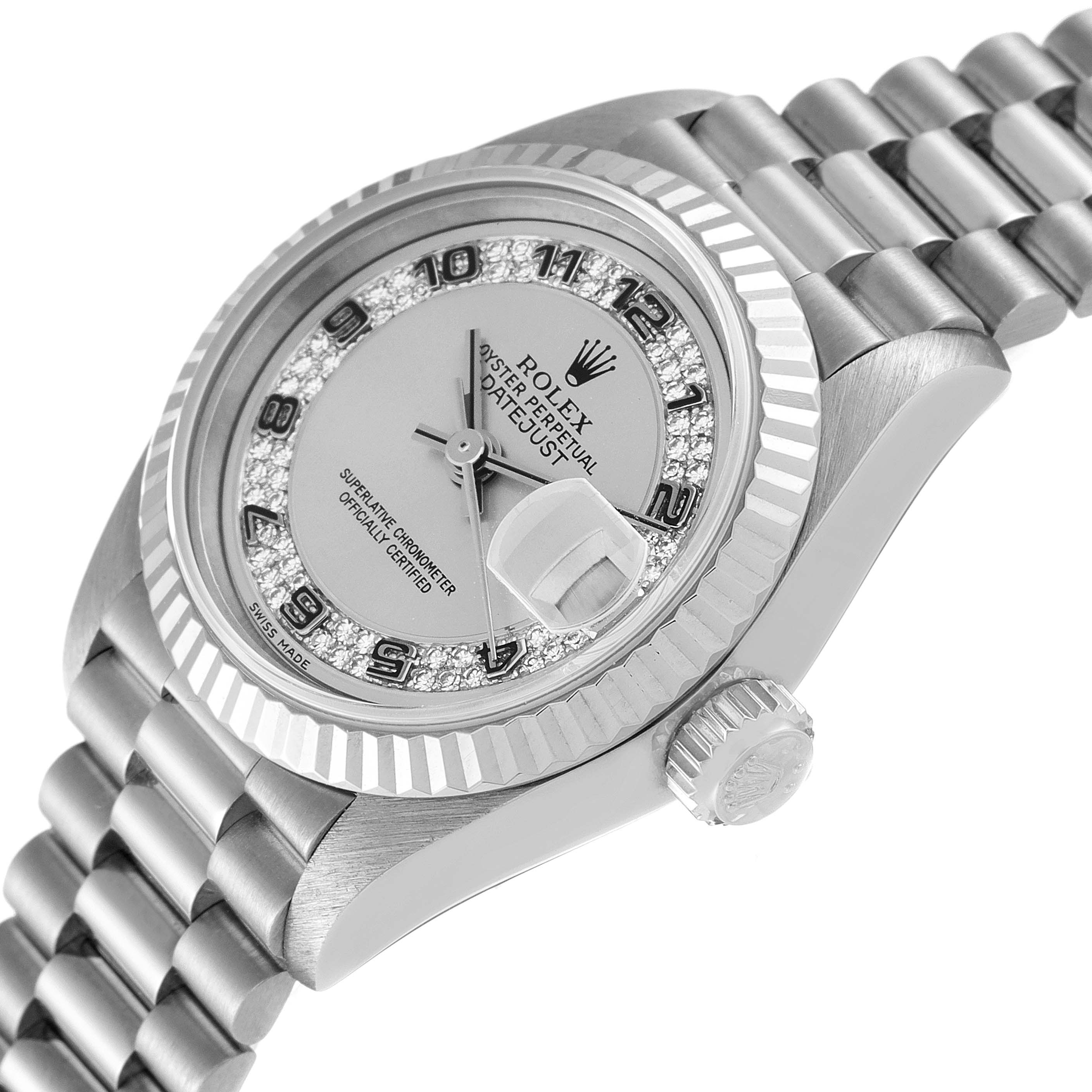 This image shows a Rolex President 69179 Women's White Gold Silver Dial 69179 Women's White Gold Silver Dial model watch with a partial side-view, focusing on the watch face, crown, and bracelet.