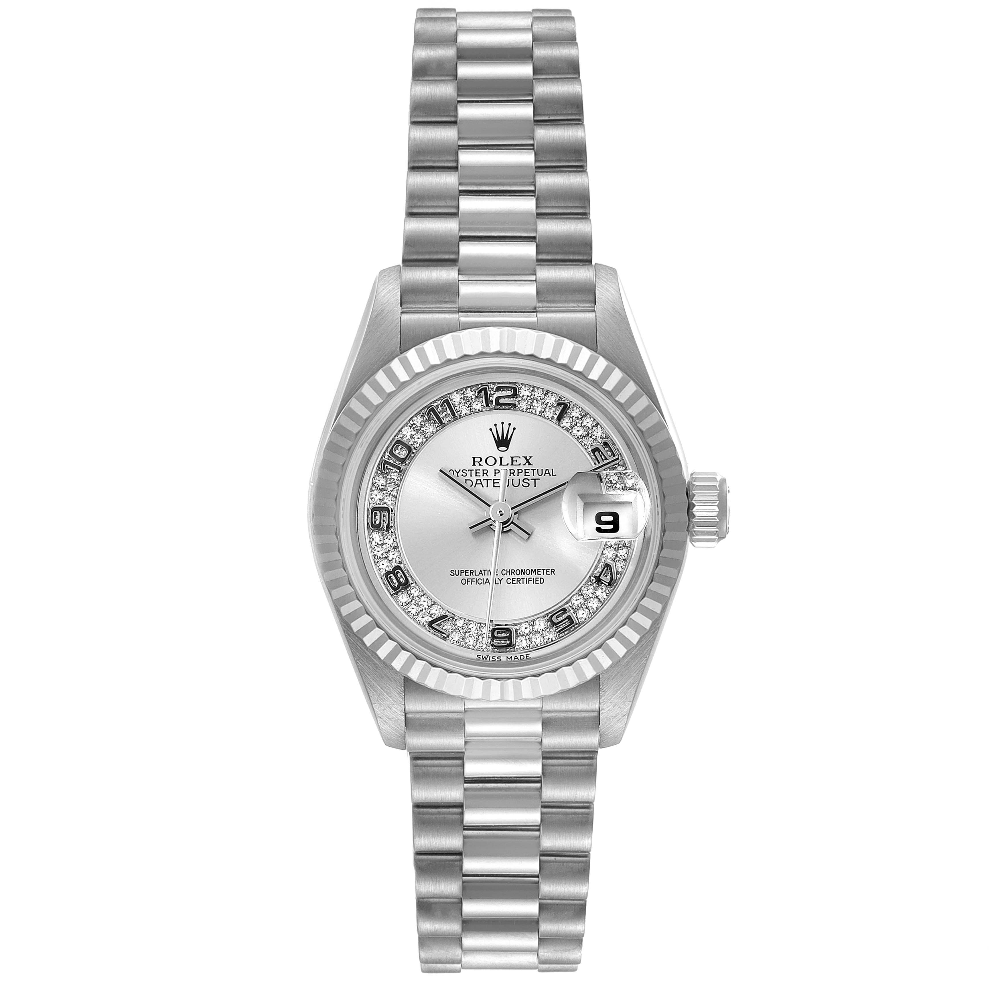 The image shows a front view of the Rolex President 69179 Women's White Gold Silver Dial 69179 Women's White Gold Silver Dial model watch, displaying its face, bezel, dial, bracelet, and date window.
